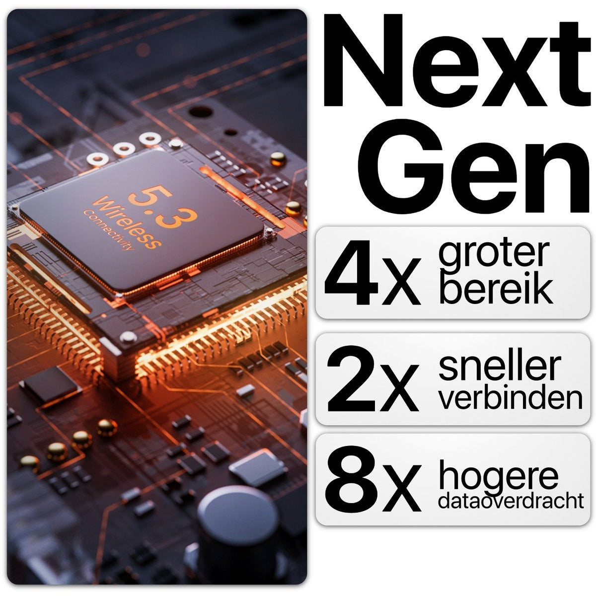 Een close-up van een printplaat met een '5.3 Wireless Connectivity' chip. Tekst 'Next Gen' en prestatieverbeteringen worden weergegeven.