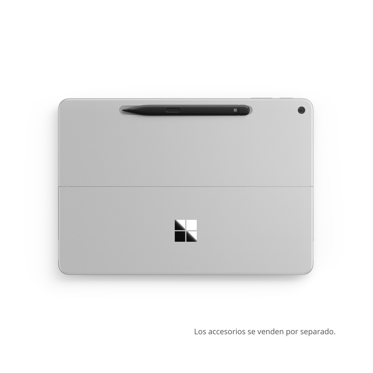 Ein silbernes Tablet mit einem schwarzen Stift oben. Unten befindet sich ein Microsoft-Logo. Der Text besagt, dass Zubehör separat verkauft wird.