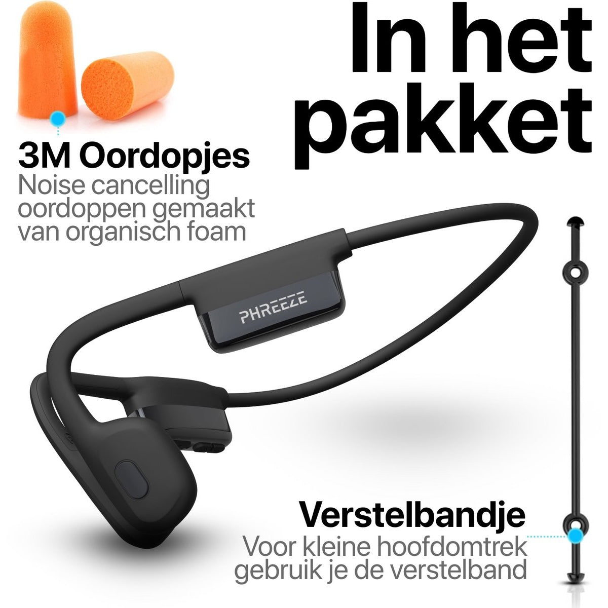 Afbeelding toont oordopjes, een headset en tekst in het Nederlands. De headset is zwart, de oordopjes zijn oranje, de tekst geeft details.