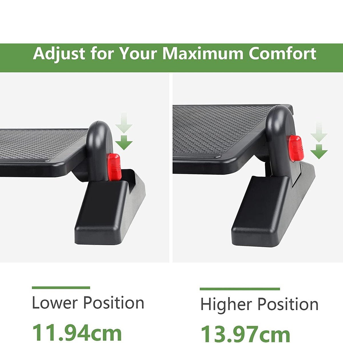 Footrest with adjustable height. Shows lower and higher positions, labeled with dimensions in cm. Arrows indicate adjustment direction.