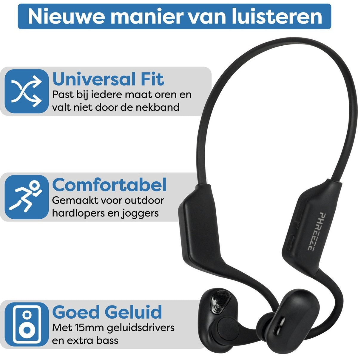 Zwarte Phreeze-hoofdtelefoon met nekband, met pictogrammen en tekst voor universele pasvorm, comfort en goede geluidskwaliteit.