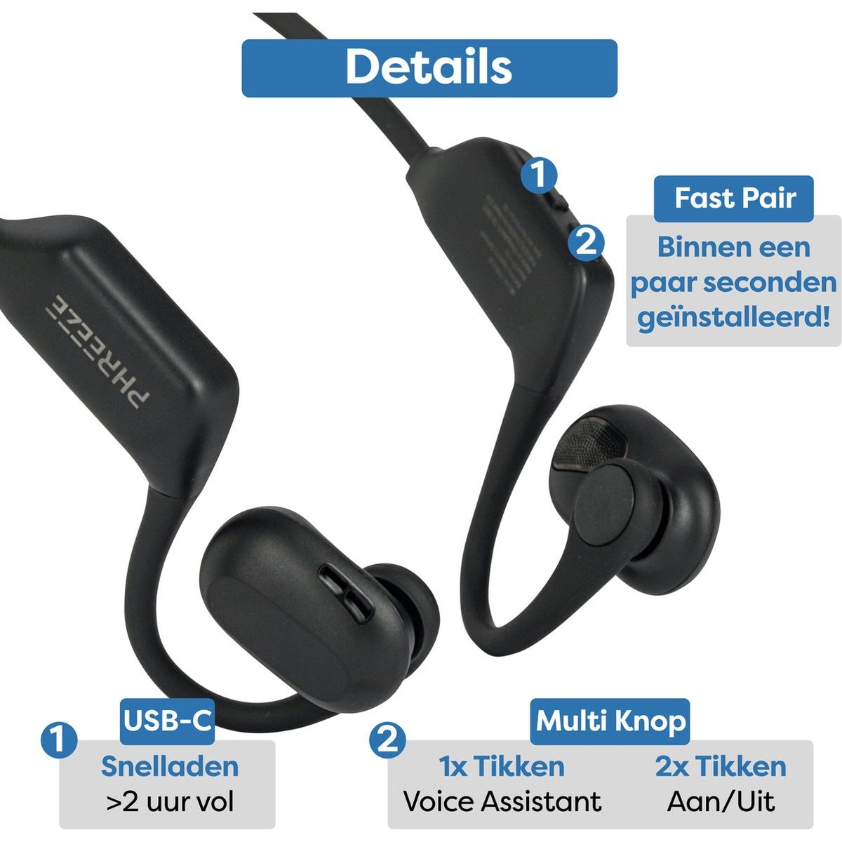 Zwarte PHREEZE koptelefoon detail. Kenmerken zijn USB-C opladen, multi-knop bediening en snelle koppeling.