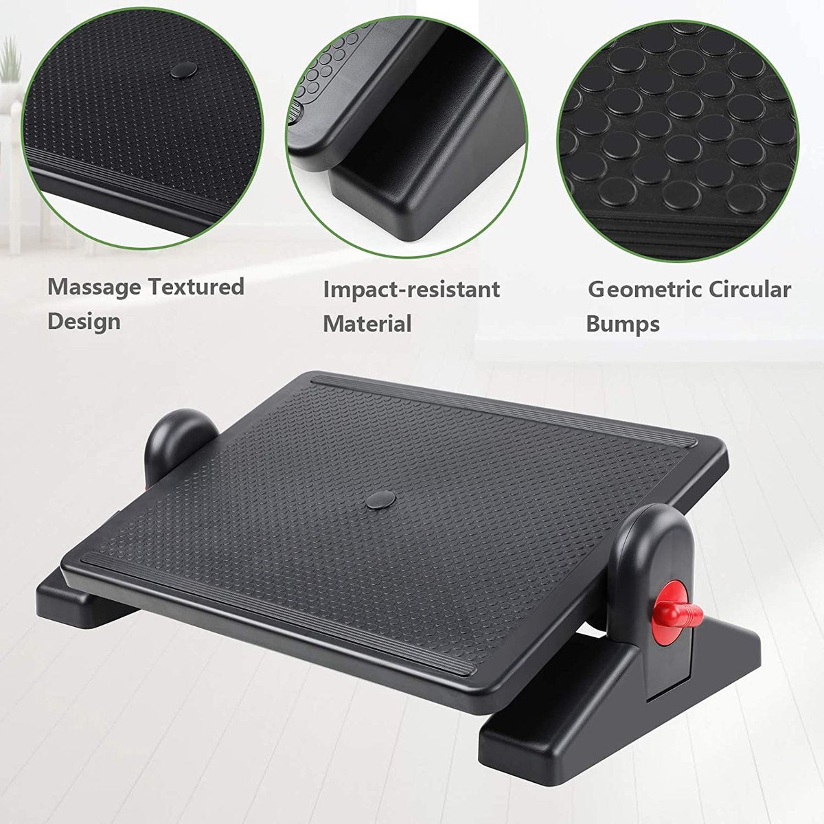 Black footrest with massage texture, geometric bumps, and adjustable height. Features red adjustment knob and impact-resistant material.