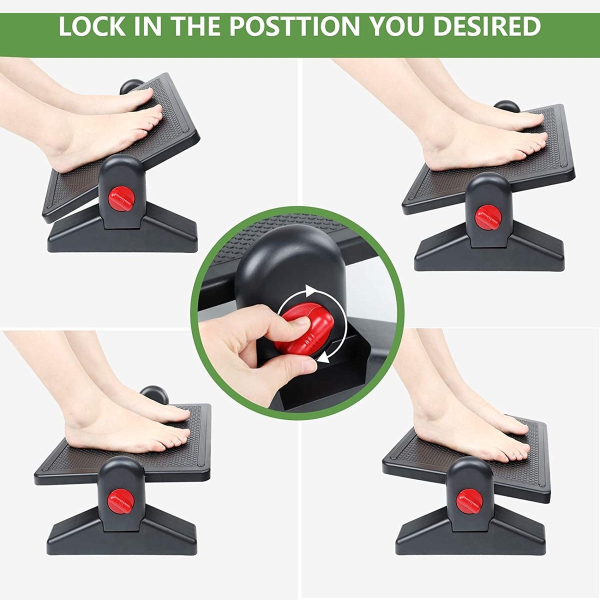Image shows footrests in different positions with feet. A hand adjusts the red lock. Text says 'LOCK IN THE POSTTION YOU DESIRED'.