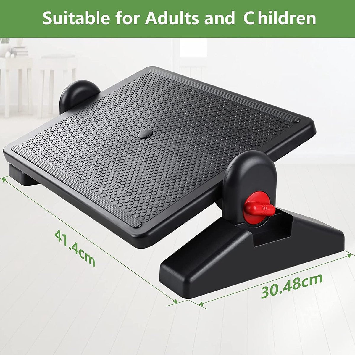 Black footrest with a textured surface and adjustable height. It has red adjustment knobs and dimensions labeled in cm.