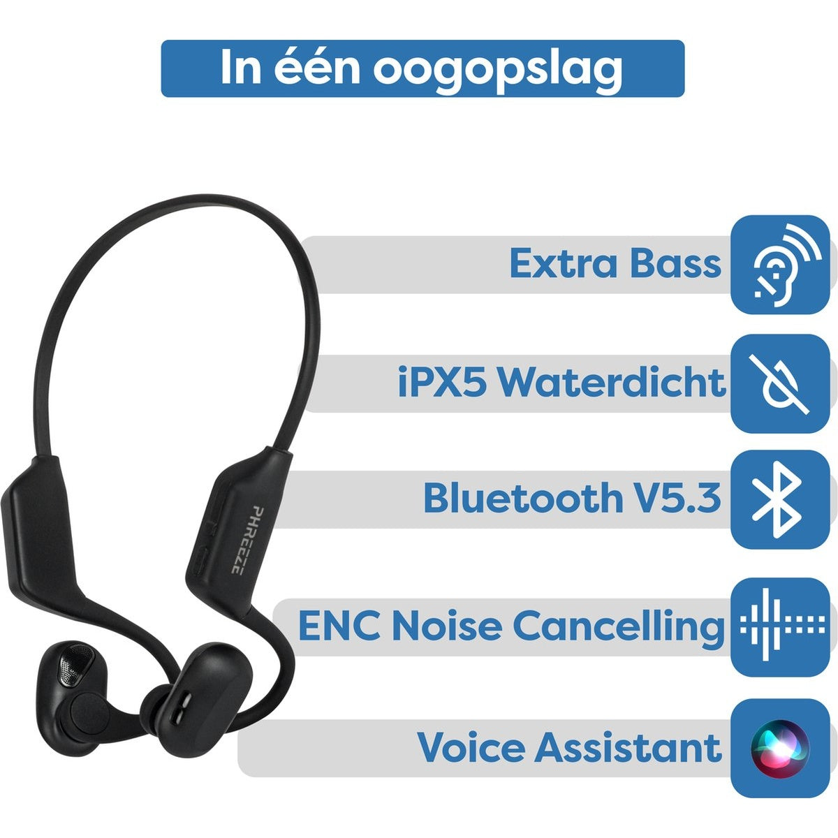 Zwarte PHREEZE beengeleidingshoofdtelefoon met functies: Extra Bass, waterdicht, Bluetooth, ruisonderdrukking en stemassistent.