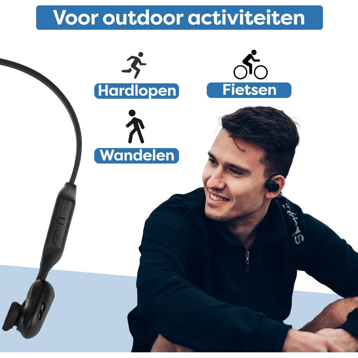 Een lachende man met een koptelefoon, met pictogrammen voor hardlopen, fietsen en wandelen. Tekst: Voor buitenactiviteiten.