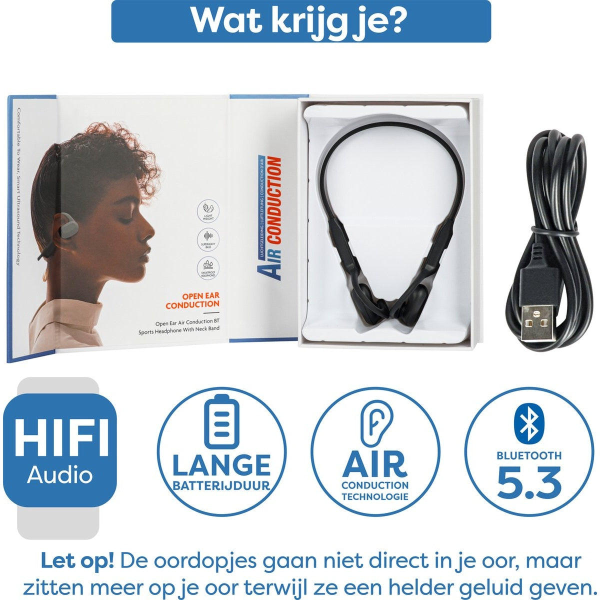 Afbeelding toont een open-ear conduction hoofdtelefoon set met een USB-kabel en informatie-iconen over het product.