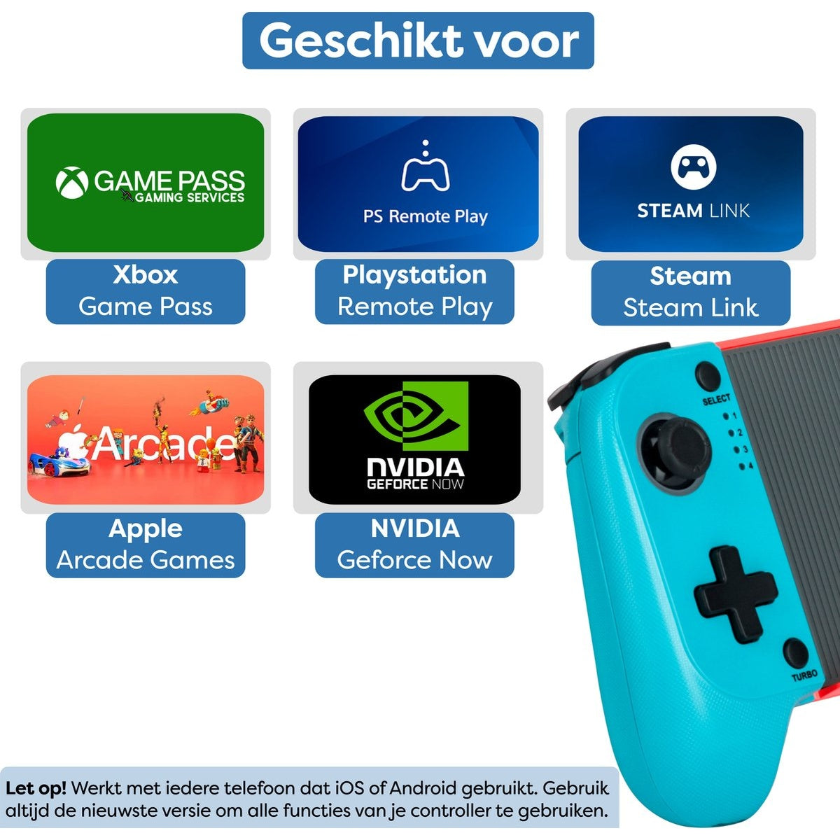 Image shows Xbox Game Pass, Playstation Remote Play, Steam Link, Apple Arcade, and Nvidia Geforce Now logos. A teal game controller is on the right.