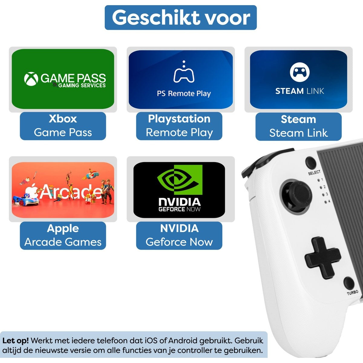 Image shows logos for Xbox Game Pass, PlayStation Remote Play, Steam Link, Apple Arcade, and NVIDIA GeForce Now, with a game controller.