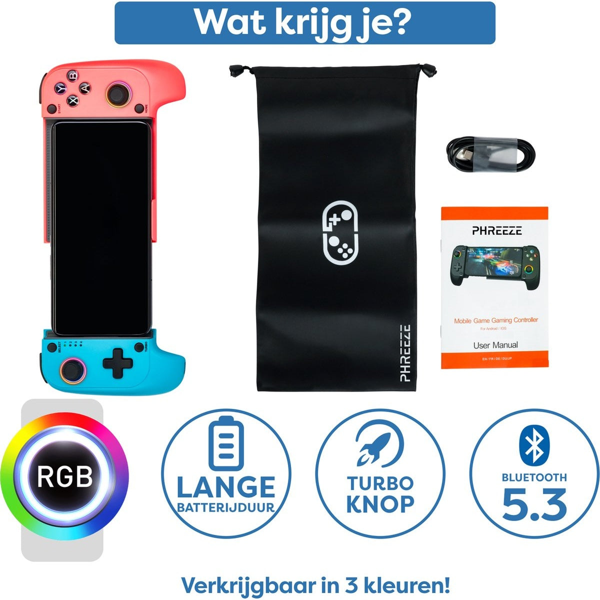 Image shows a mobile game controller with accessories, including a black pouch, cable, and manual. Text highlights features.