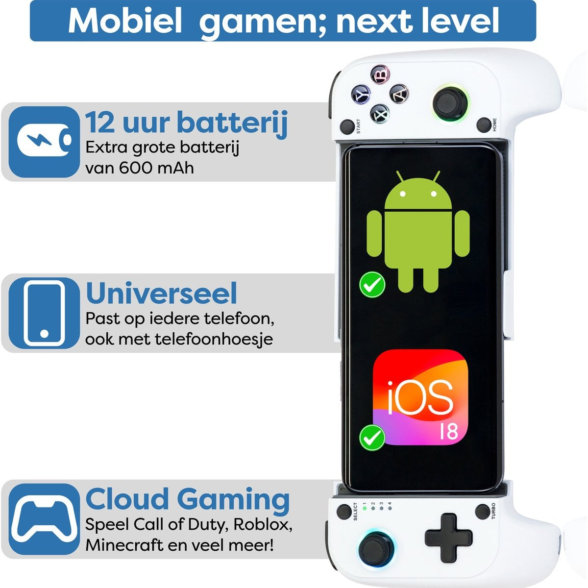 A white game controller holding a phone with Android and iOS icons. Text highlights battery life, universality, and cloud gaming features.