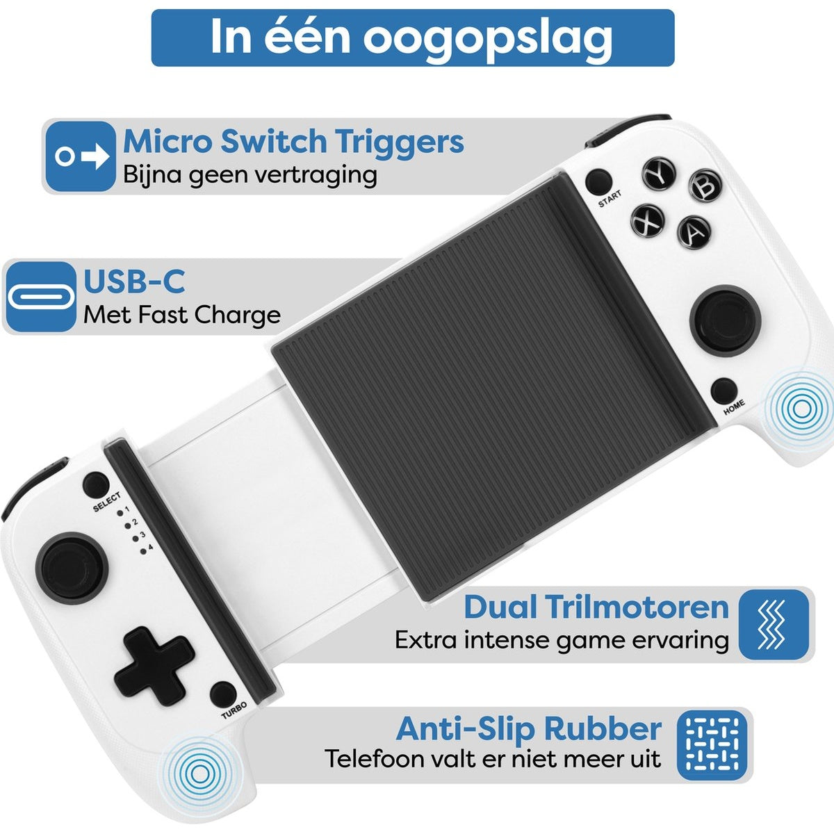 White game controller with black central grip. Buttons include start, home, A, B, X, Y, select, and turbo. Text labels key features.