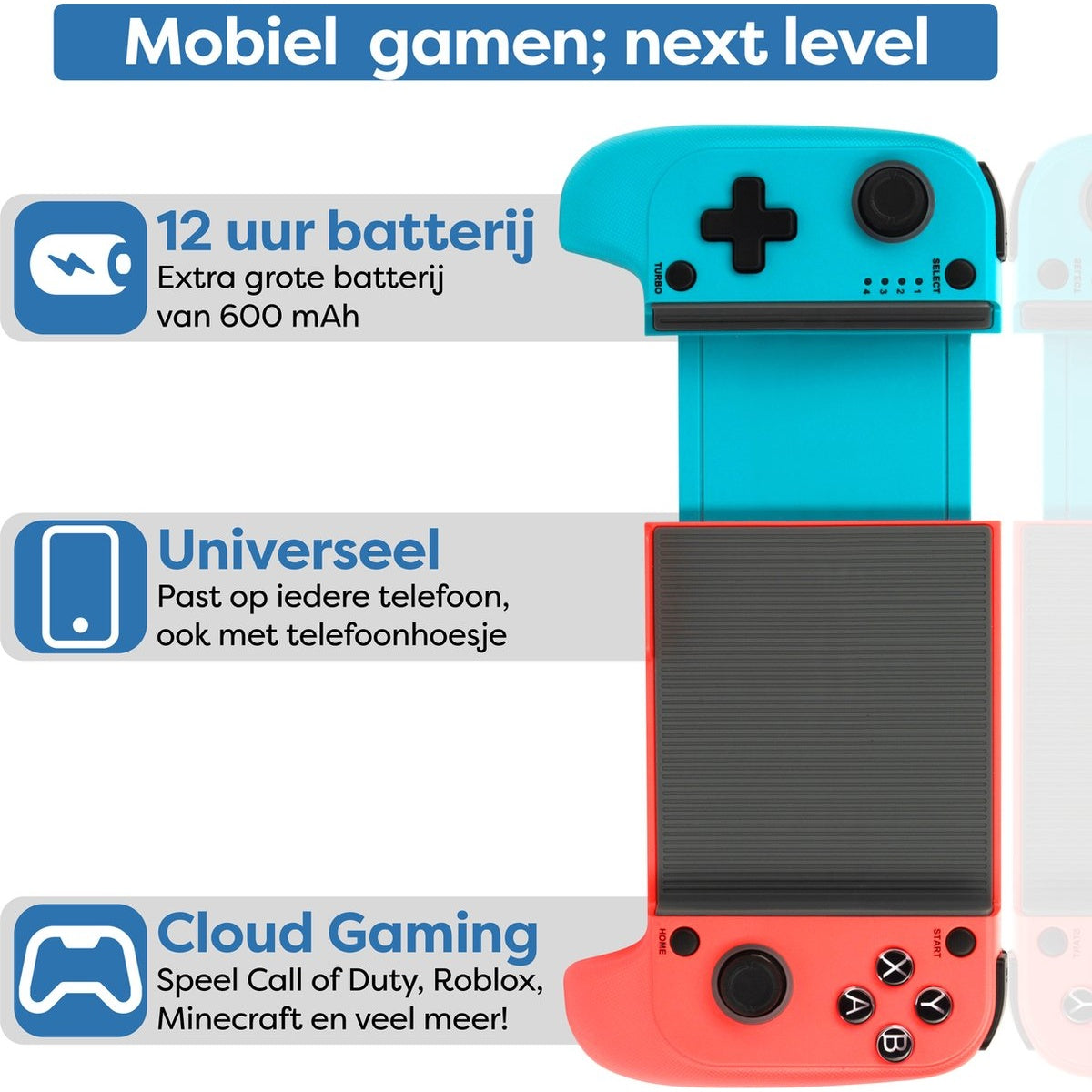A blue and red mobile gaming controller. It has buttons, a D-pad, and text indicating battery life, universal compatibility, and cloud gaming.