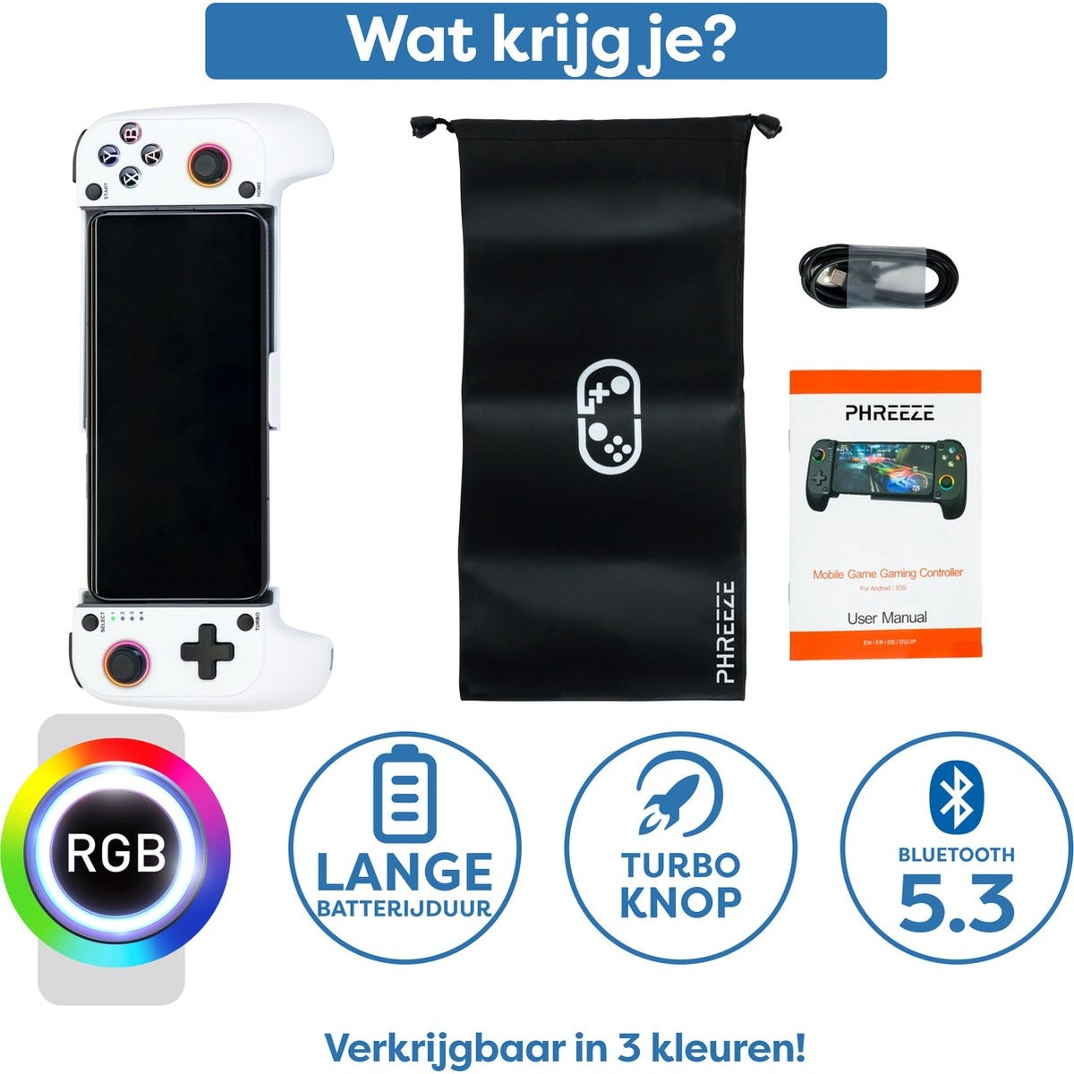 A white gaming controller with a phone, black bag, cable, manual, and icons for RGB, battery, turbo, and Bluetooth.