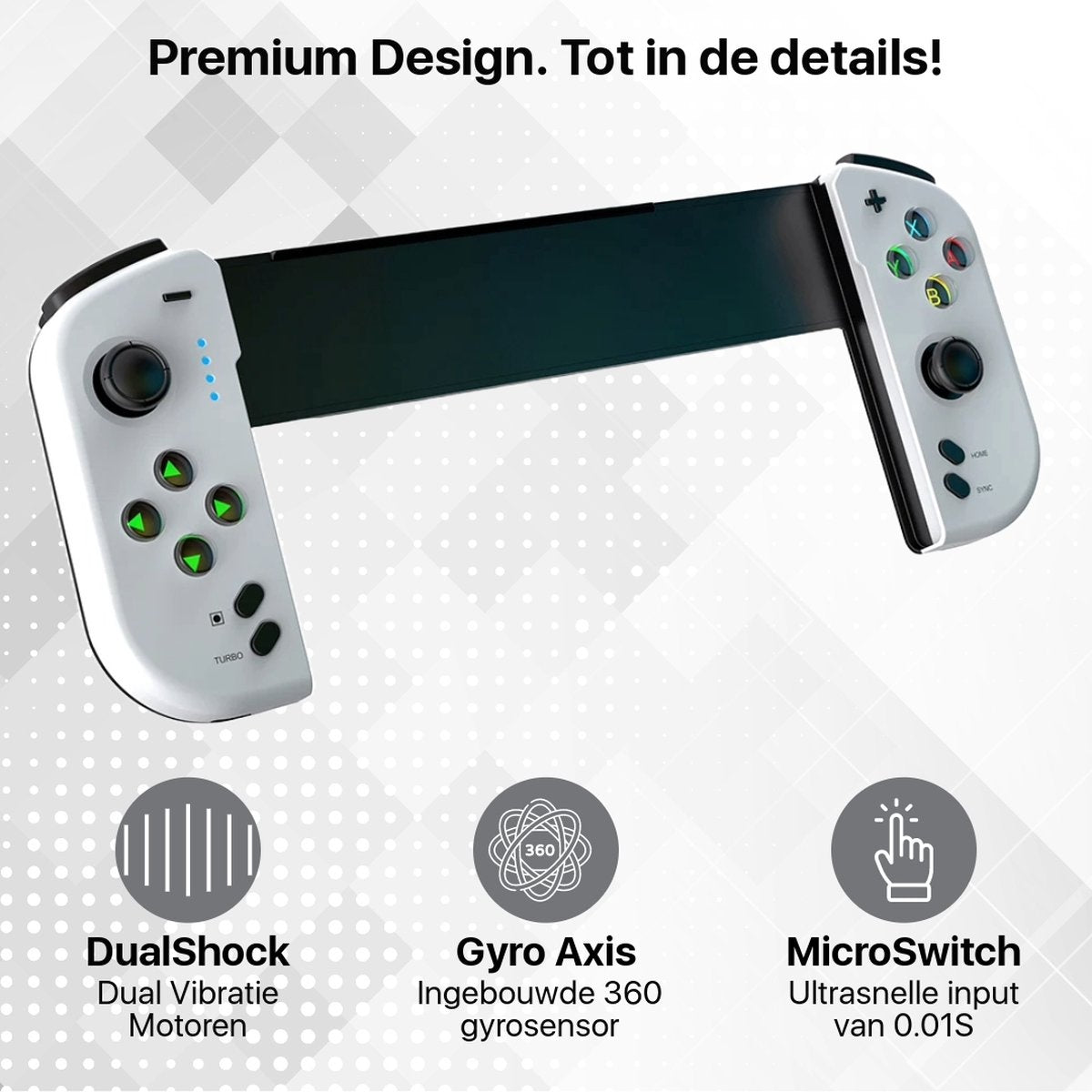 A white and black gamepad with buttons. It has a black central support and icons for DualShock, Gyro Axis, and MicroSwitch.