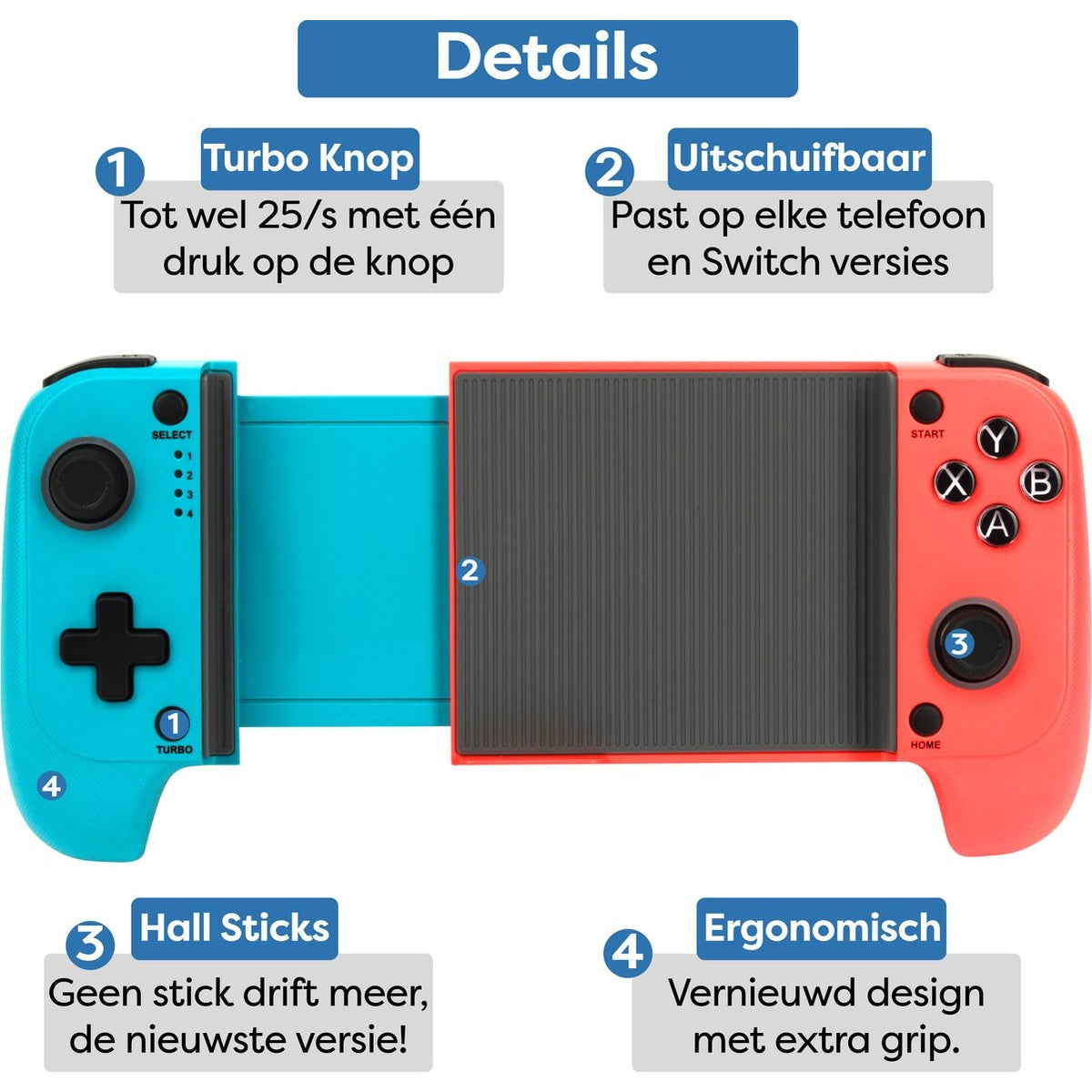 A gaming controller with blue and red parts. It has buttons and a central adjustable section for a phone or Switch.