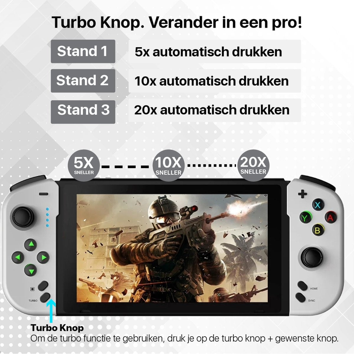 A game controller with a screen displaying a war scene. Text indicates turbo functionality with different speed settings.