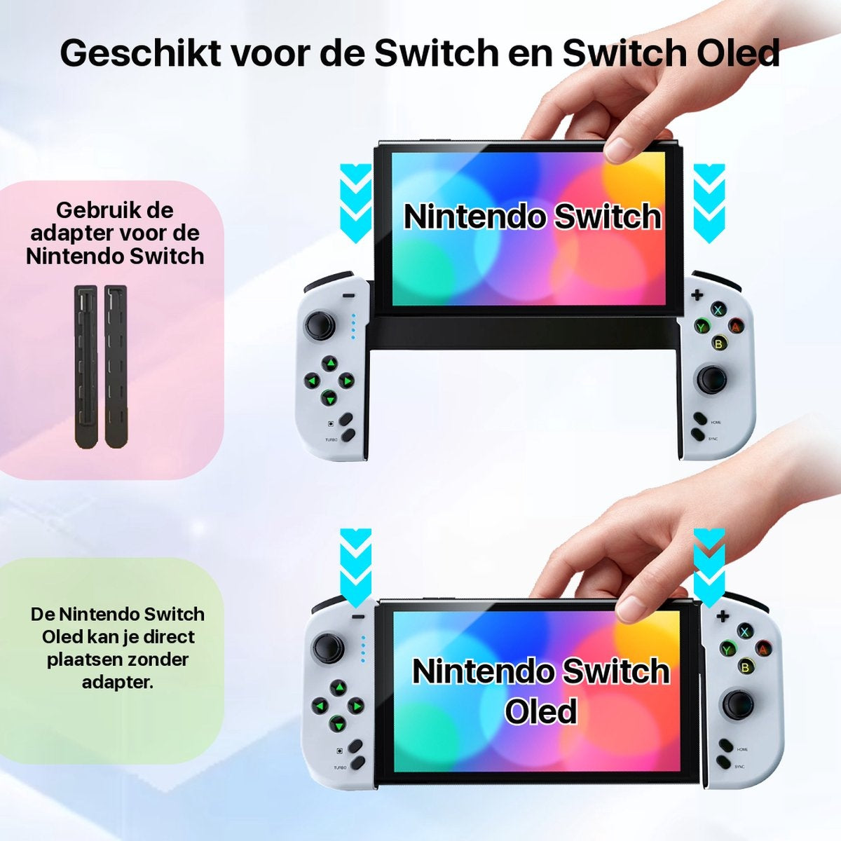 Image shows two Nintendo Switch consoles with controllers. Text indicates compatibility with Switch and Switch OLED models.