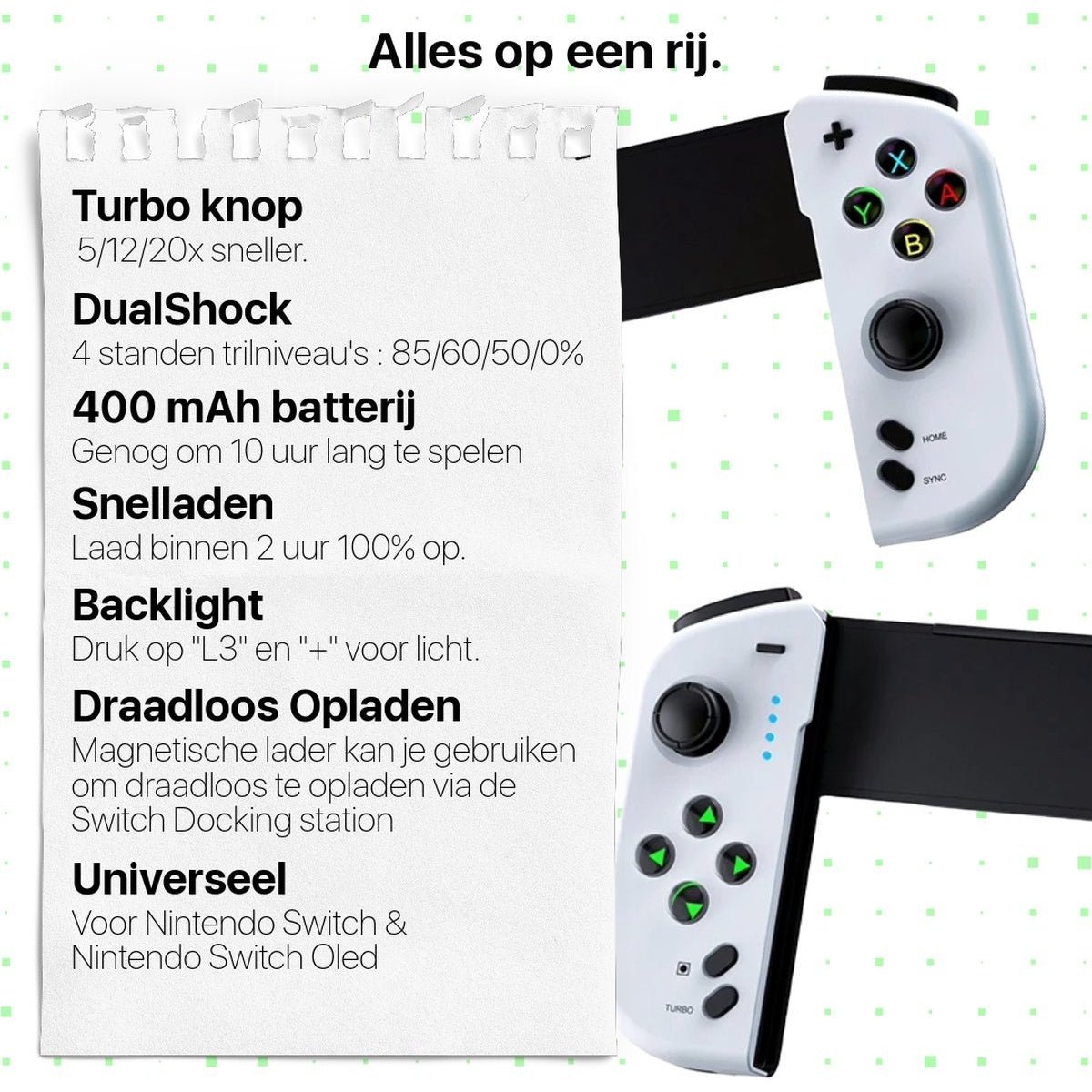 Image shows white game controllers with black accents. Text lists features like turbo button, dual shock, and wireless charging.
