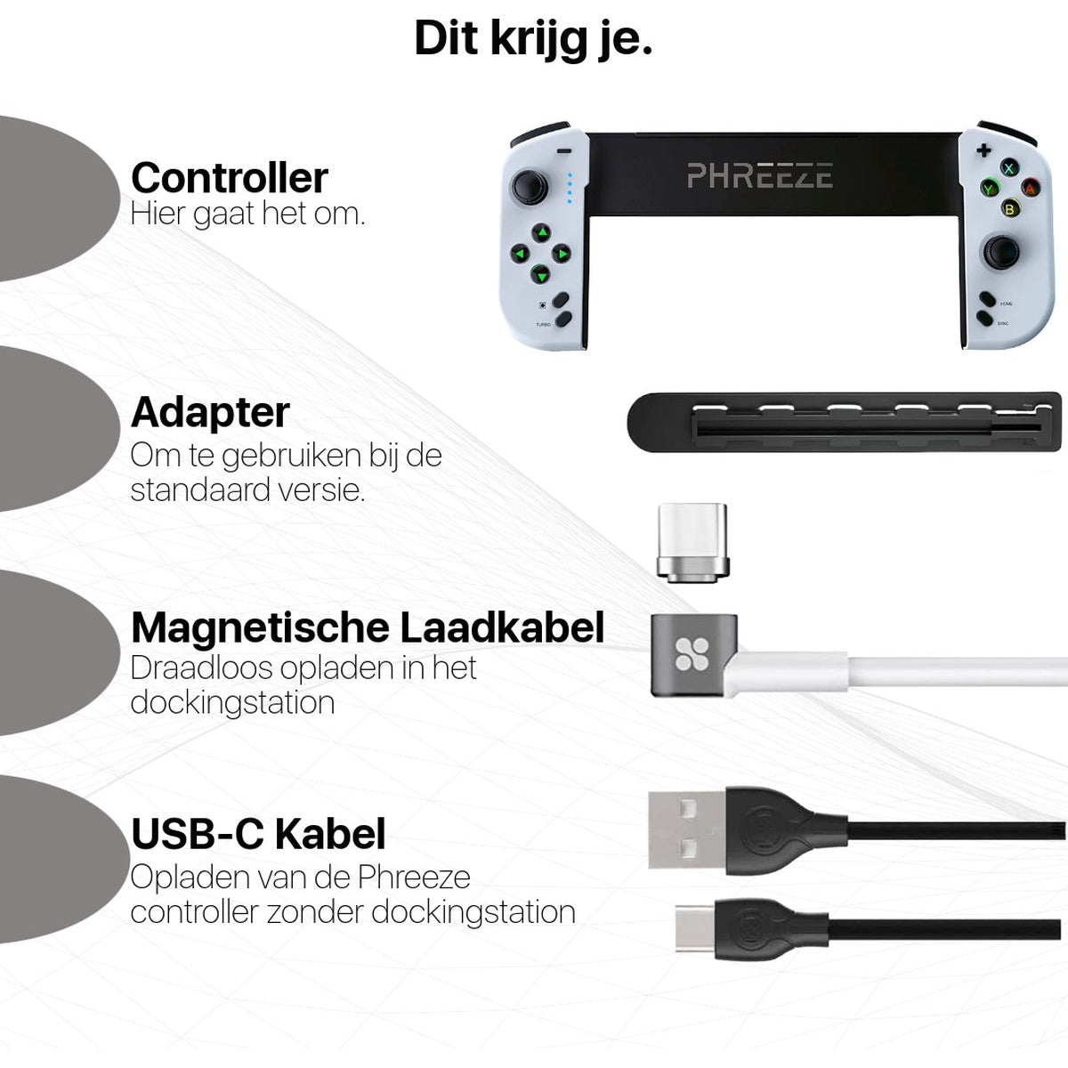 Image shows a white and black game controller and its accessories: adapter, charging cable, and USB-C cable.