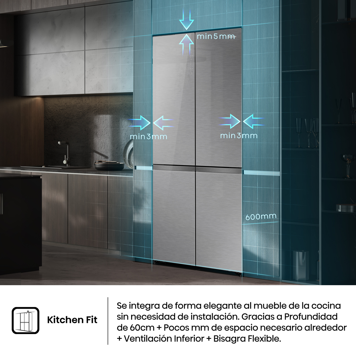 Un frigorifero argentato in una cucina, con misure e testo, che mostra un design adatto alla cucina.