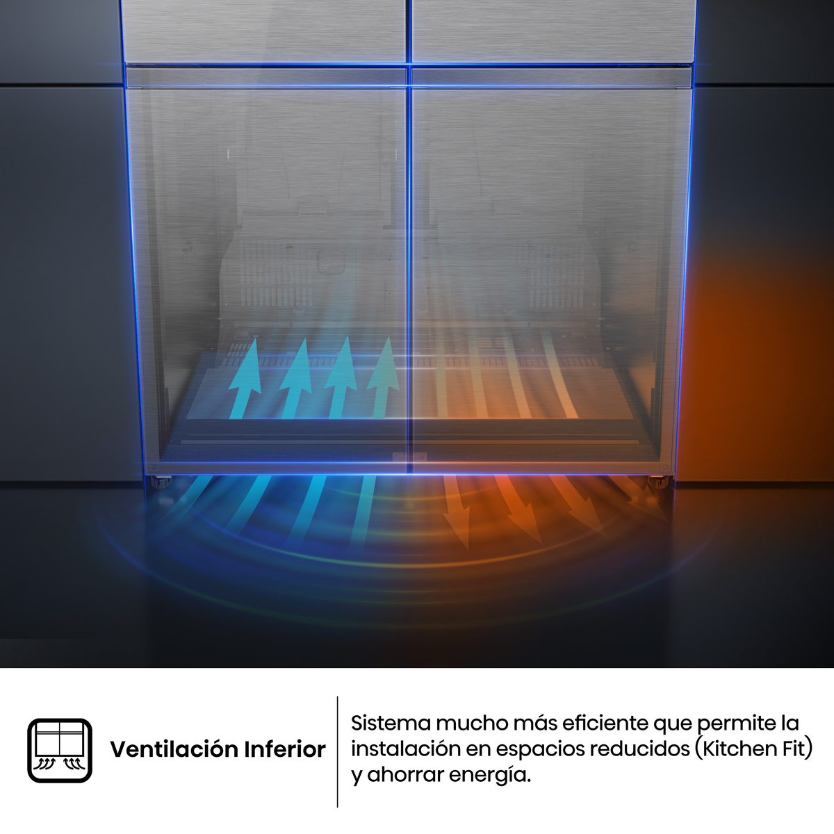 Diagramma di un sistema di ventilazione. Frecce blu e arancioni indicano il flusso d'aria all'interno di un elettrodomestico metallico.