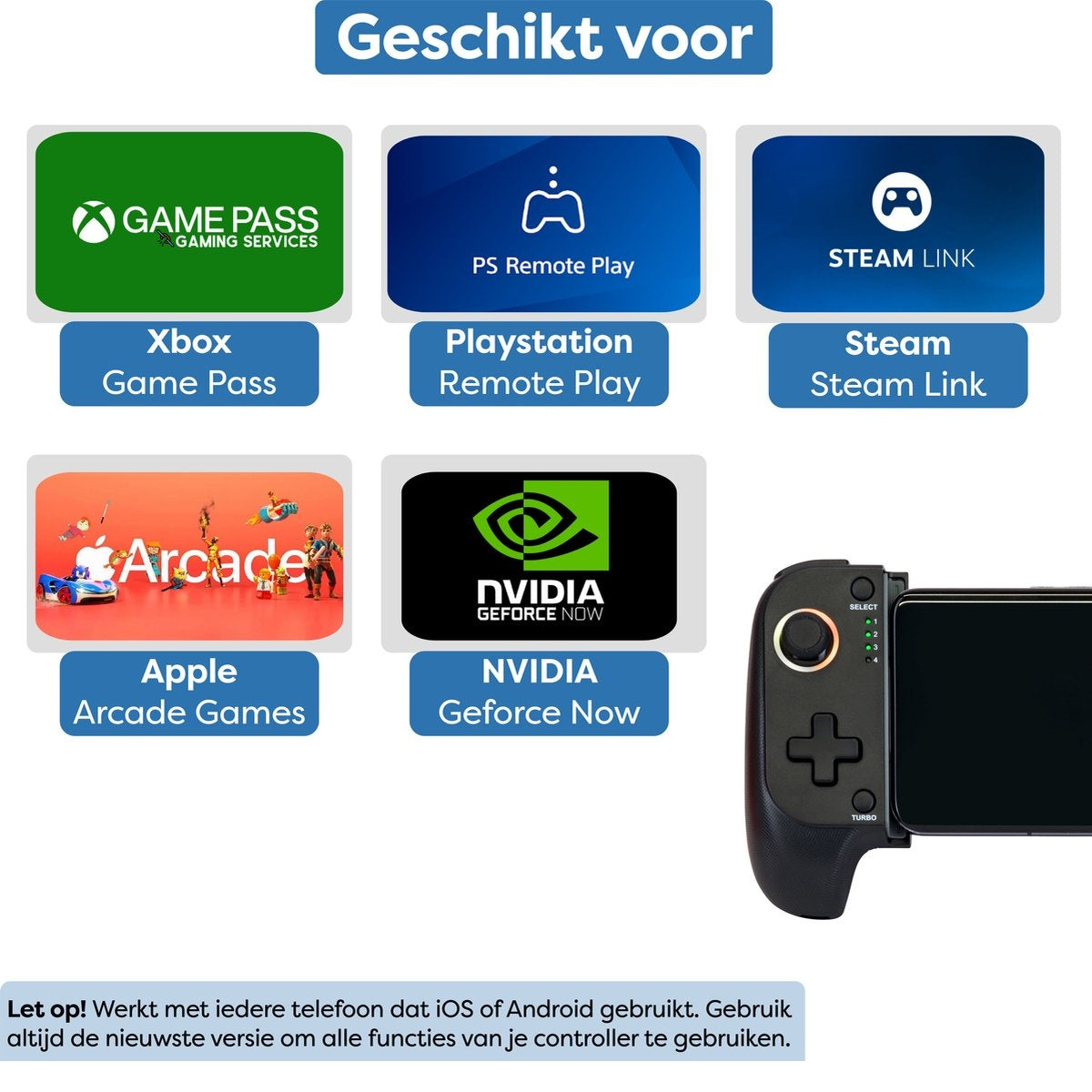 Image shows gaming services logos: Xbox Game Pass, Playstation, Steam Link, Apple Arcade, and Nvidia Geforce Now, with a controller.