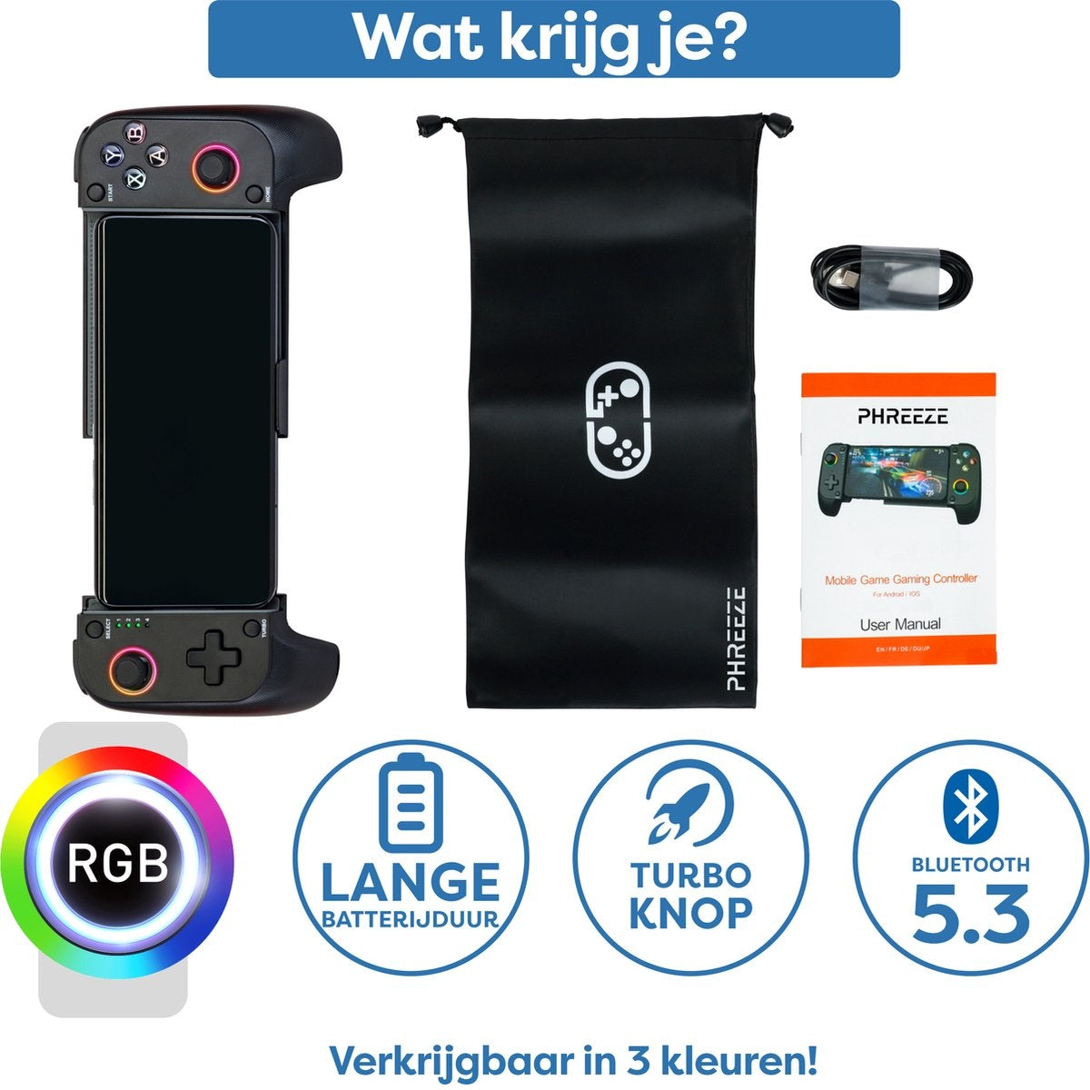 A black game controller with a phone inside, black bag, cable, manual, and icons for RGB, battery, turbo, and Bluetooth.
