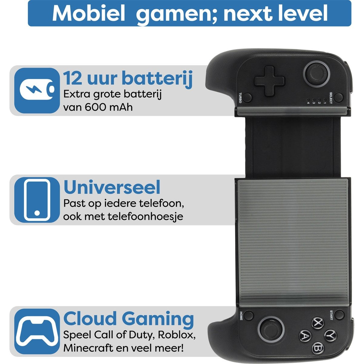 A black game controller with buttons and a slot for a phone. Text indicates features like cloud gaming and a 12-hour battery.