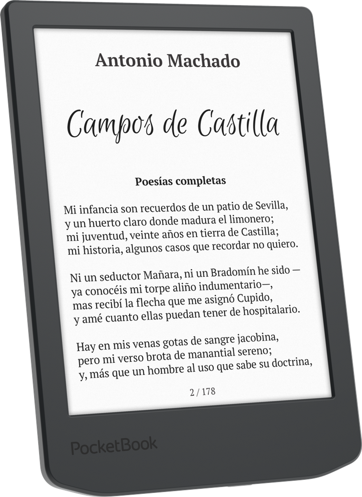 Czytnik e-booków wyświetla okładkę książki z tekstem: "Campos de Castilla" autorstwa Antonio Machado. Urządzenie wyświetla tekst książki.