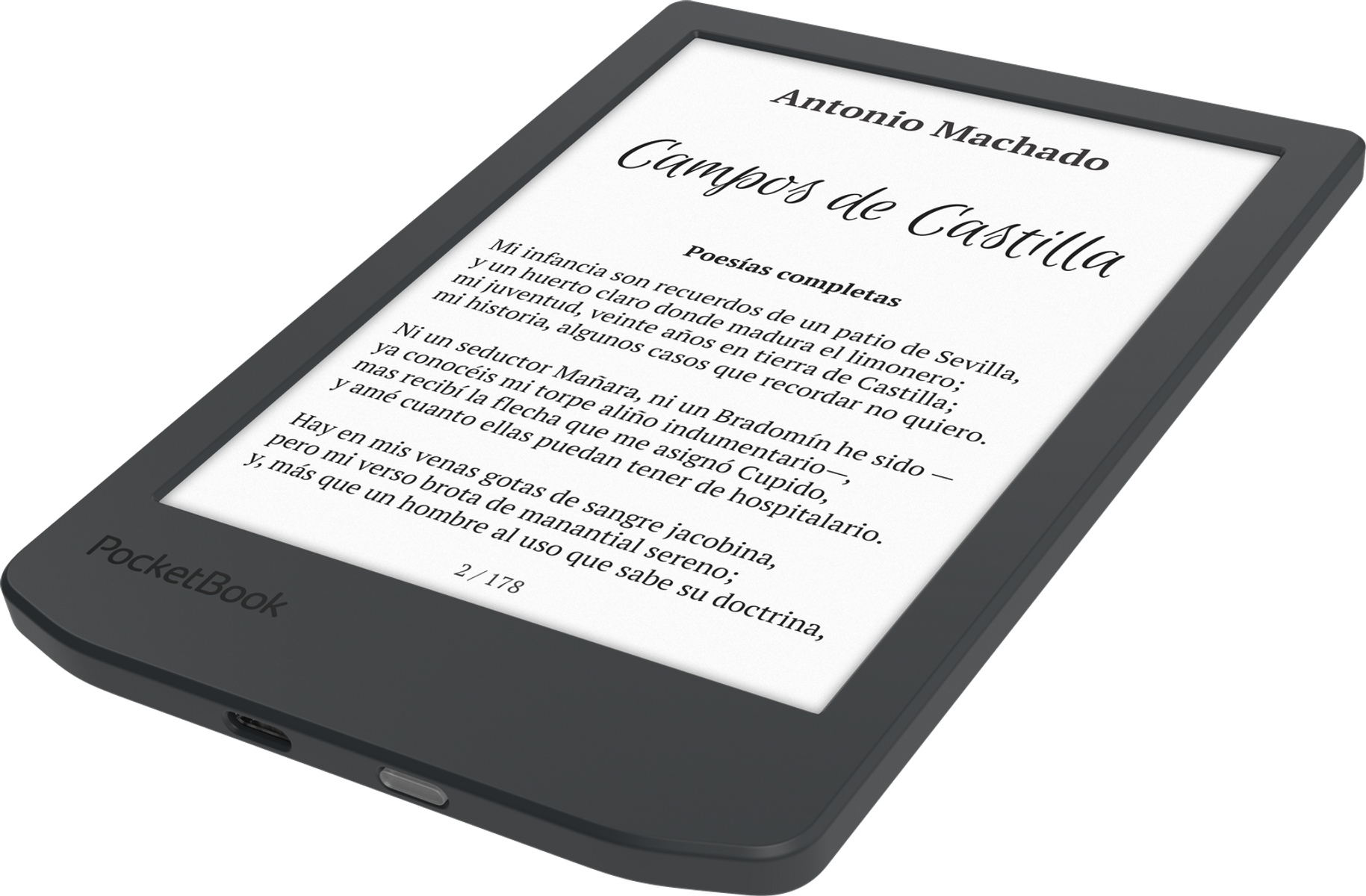Czytnik e-booków wyświetla tekst z 'Campos de Castilla' Antonio Machado. Urządzenie jest ciemnoszare, z logo PocketBook.