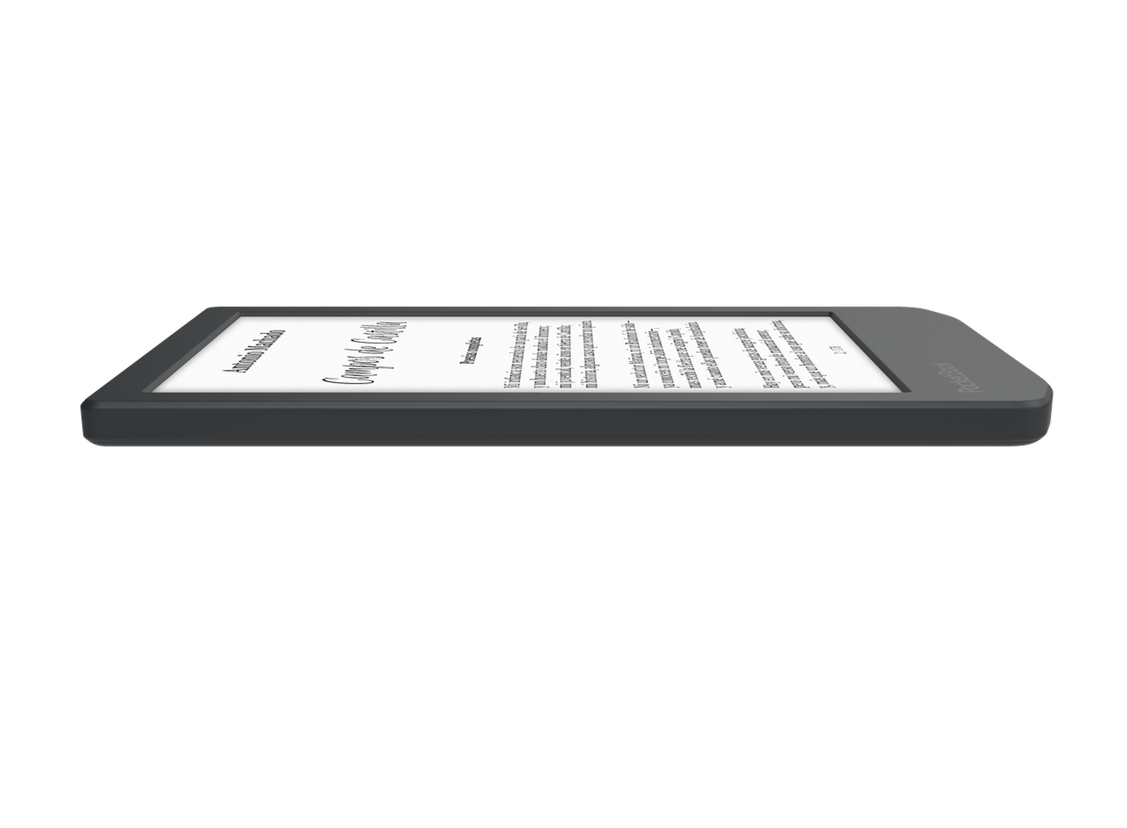 Szary czytnik e-booków na czarnej powierzchni. Ekran wyświetla tekst z książki, widok z boku.