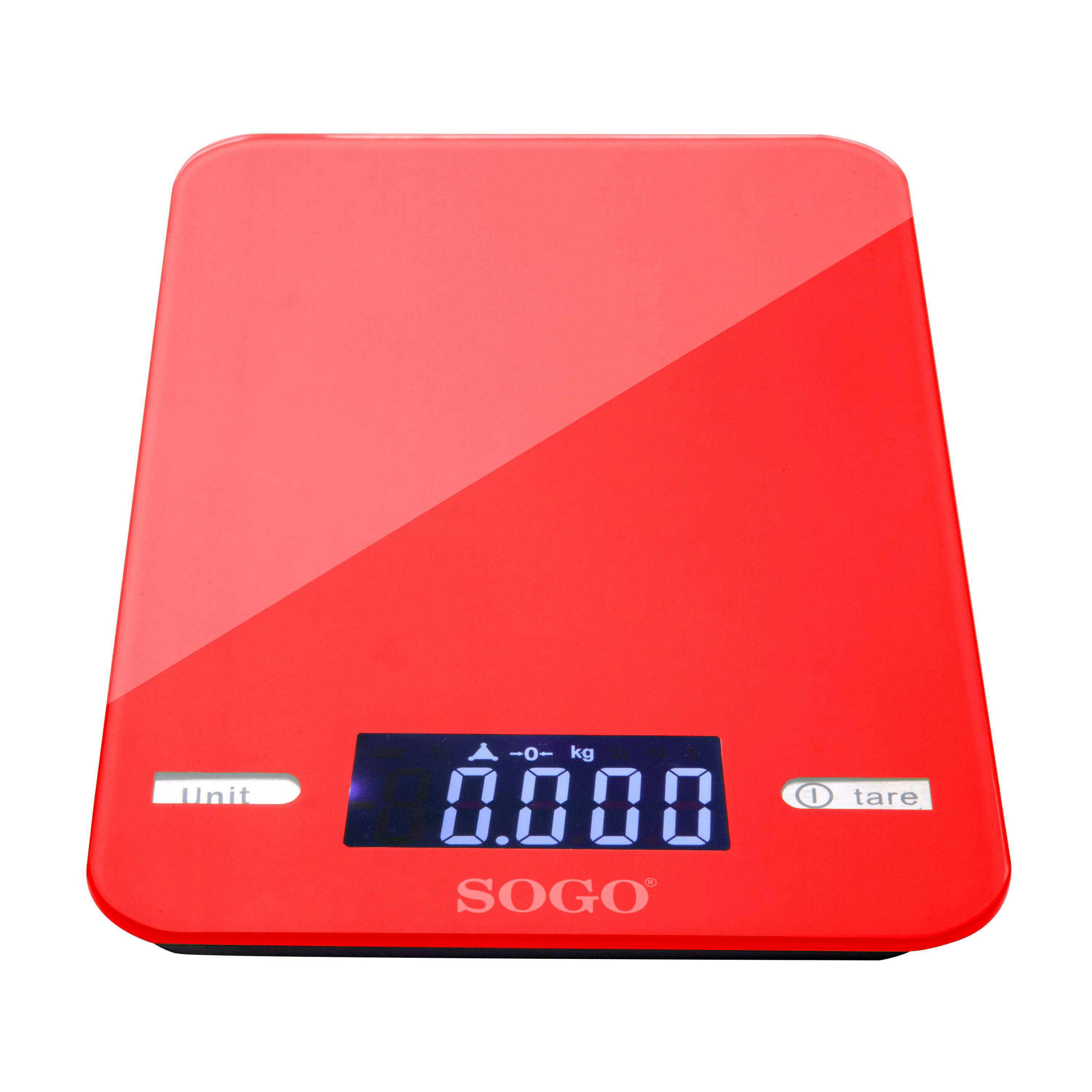 Una báscula de cocina digital roja muestra '0.000'. Tiene botones para 'Unit' y 'tare'. La marca es SOGO.