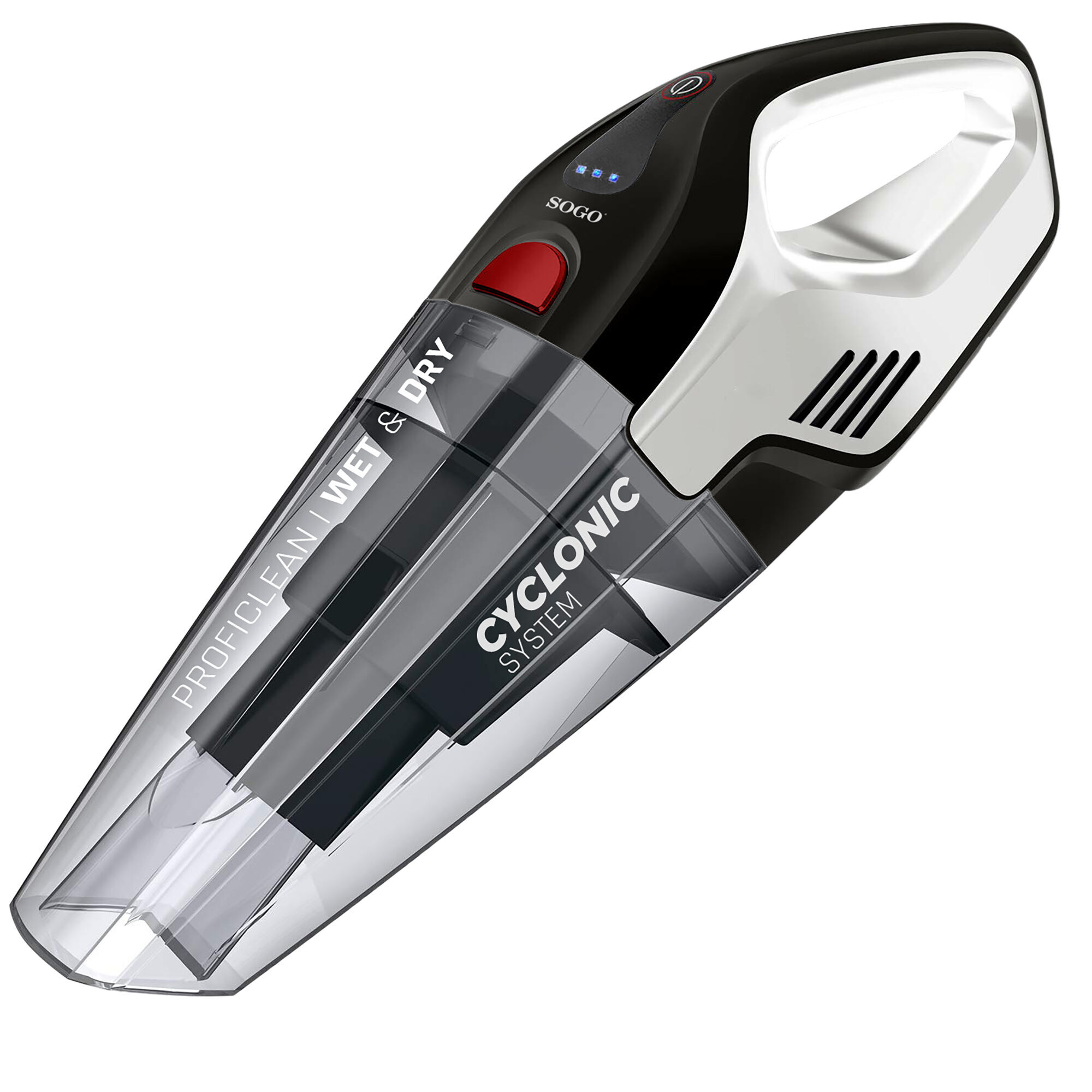 Una aspiradora de mano SOGO en blanco y negro. Tiene un botón de encendido rojo y un contenedor de polvo transparente.