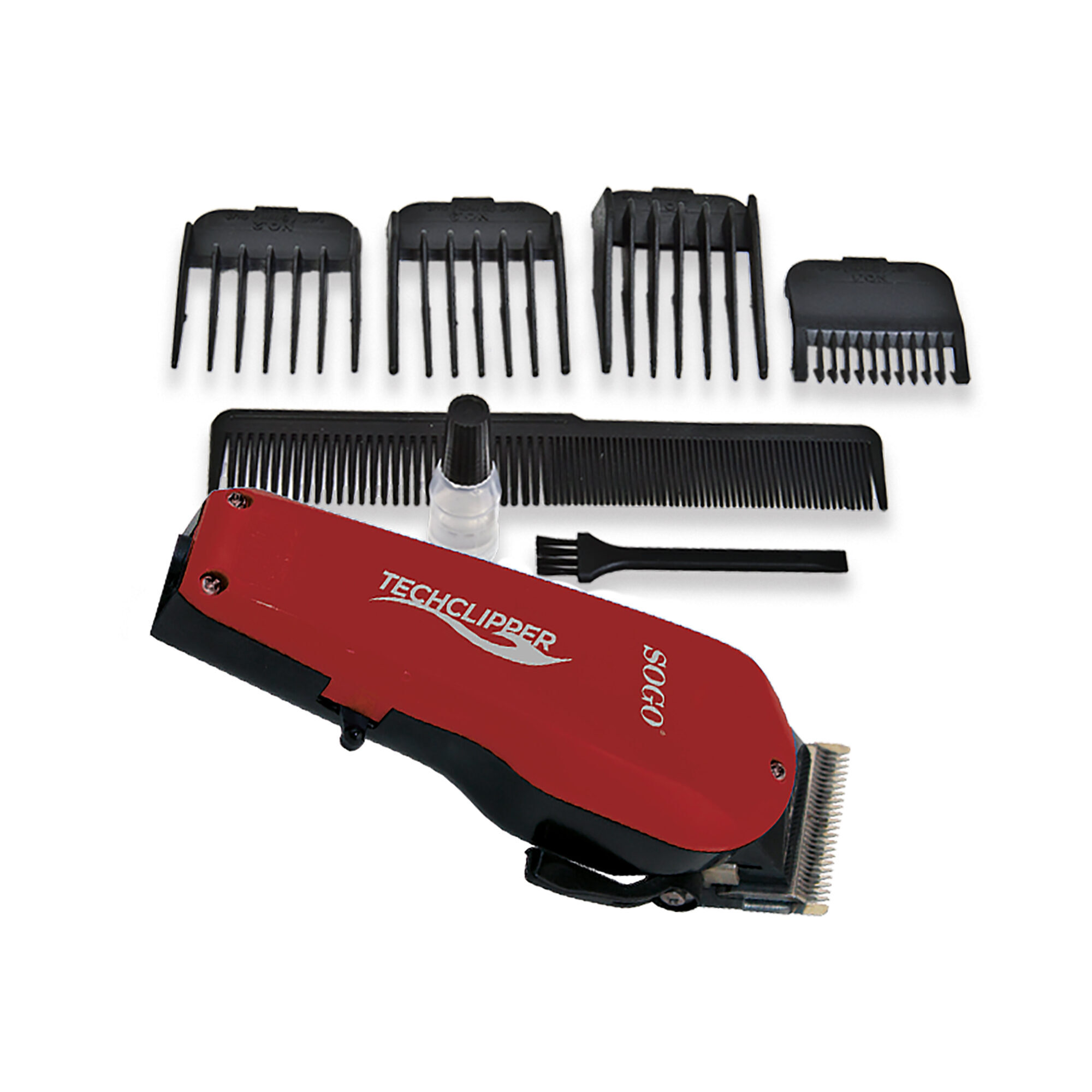 Una cortadora de pelo Techclipper Sogo roja y negra con varios accesorios de peine negro y accesorios sobre fondo blanco.