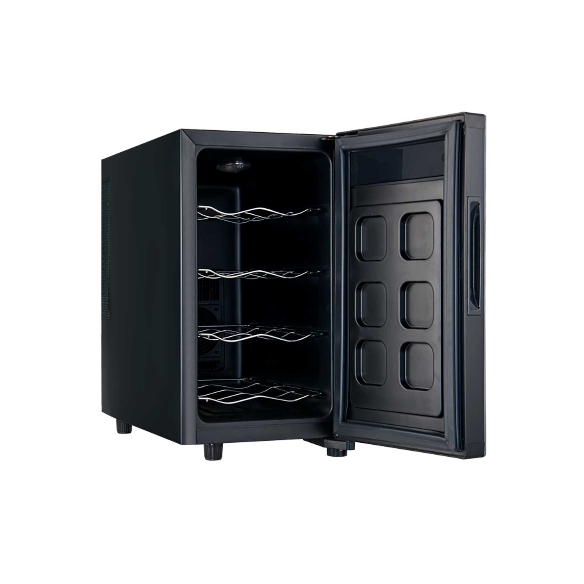Una vinoteca negra con la puerta abierta. En el interior, hay estantes para botellas. La puerta tiene un asa y un interior seccionado.