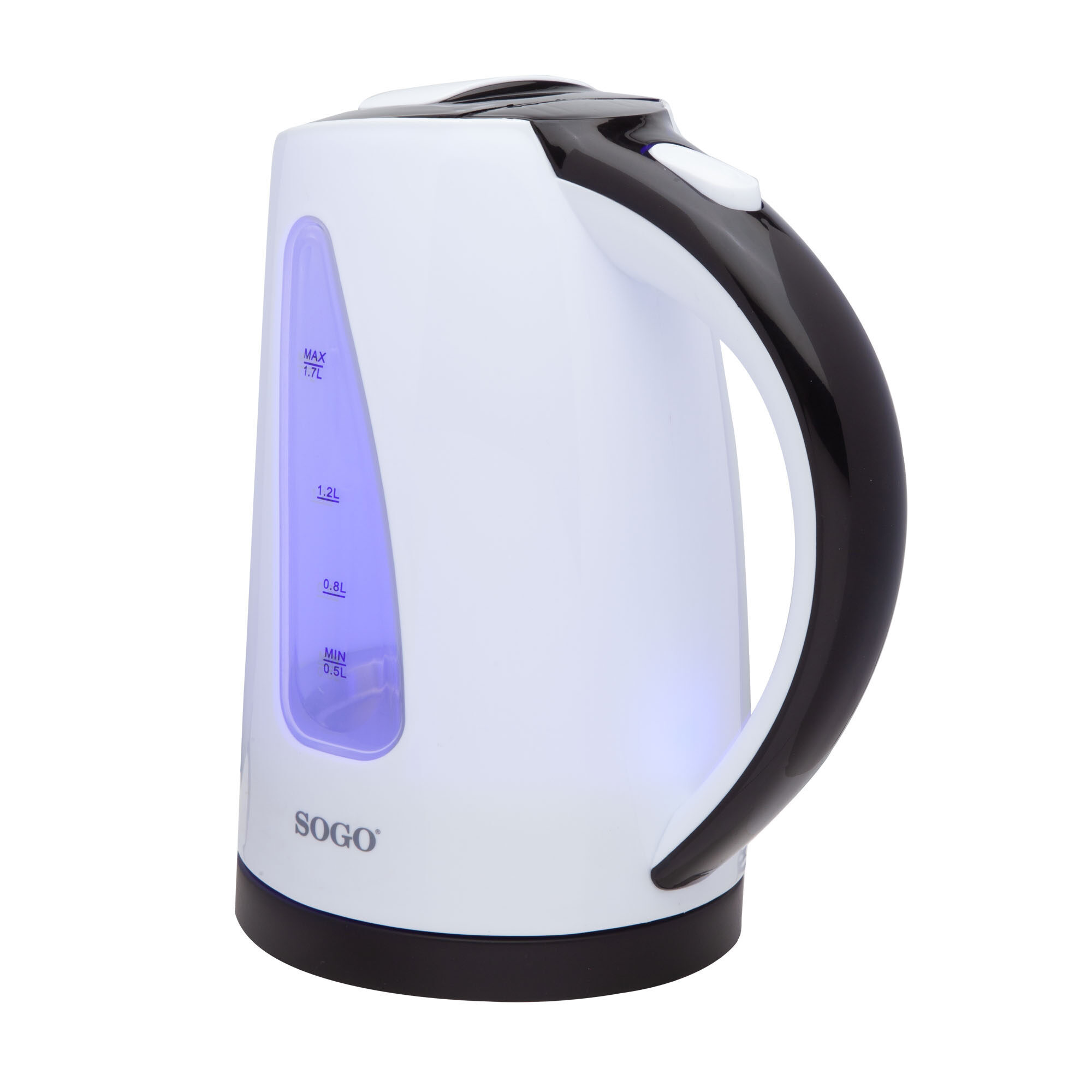 Hervidor eléctrico blanco y negro. Tiene un indicador de nivel de agua y un asa negra. La marca es SOGO.