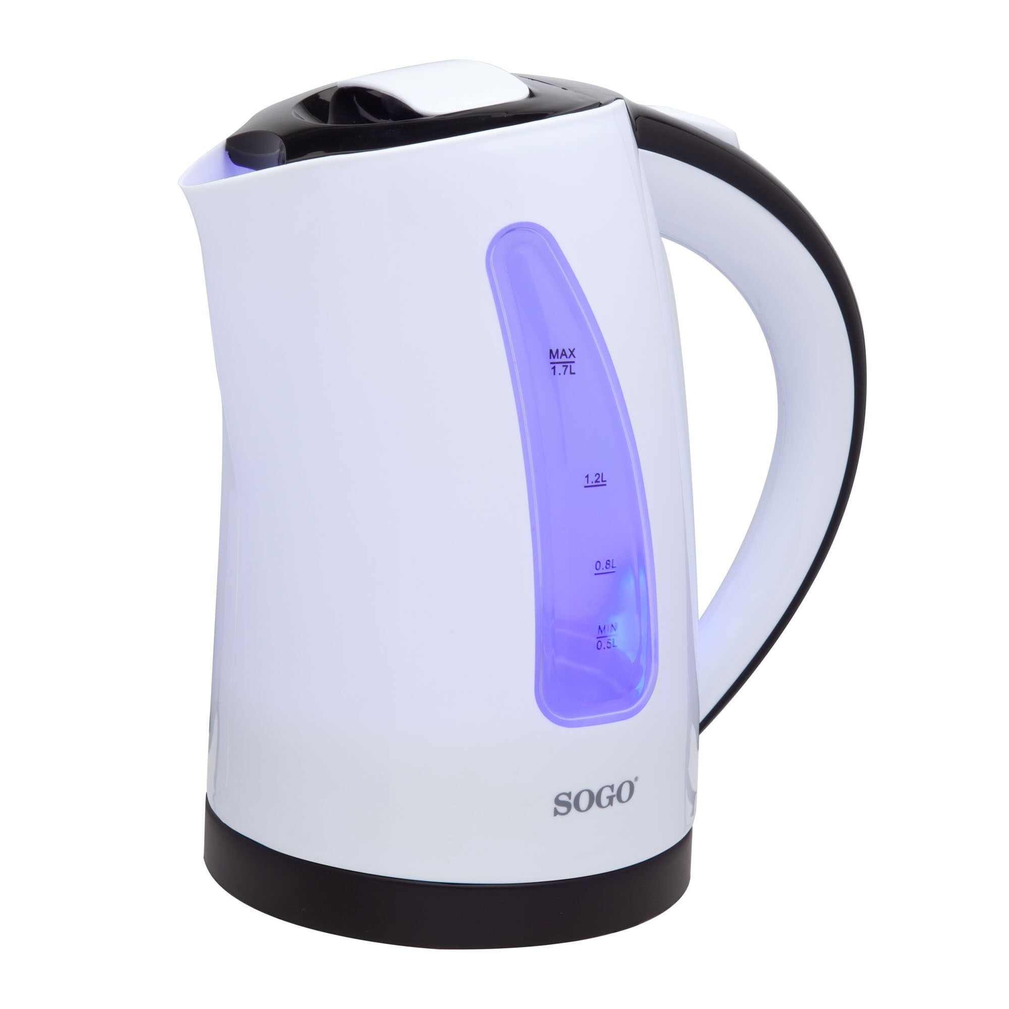 Hervidor eléctrico blanco con detalles en negro. Tiene un indicador de nivel de agua azul y un asa curvada. La marca es SOGO.