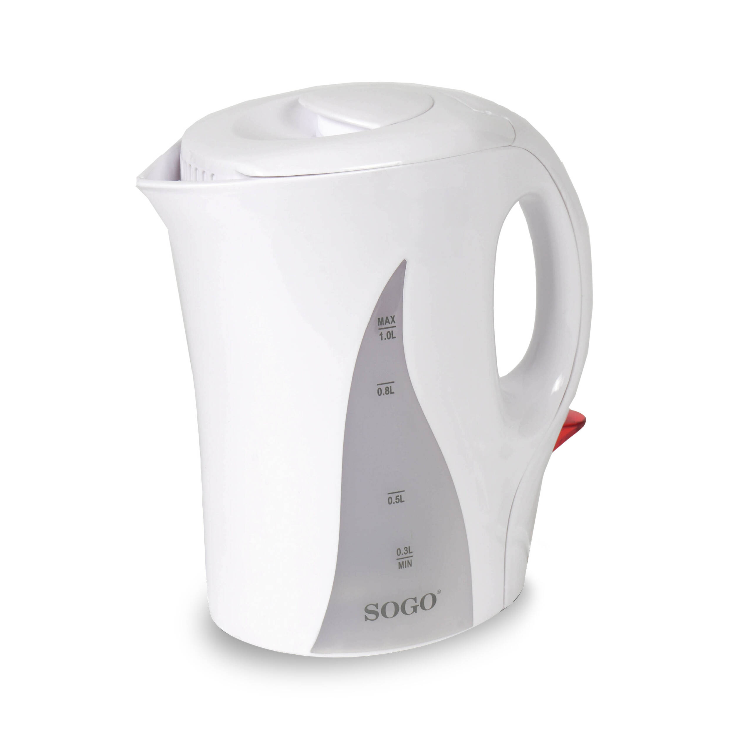 Un bollitore elettrico SOGO bianco. Ha un manico, un coperchio e una sezione grigia con indicatori del livello dell'acqua.