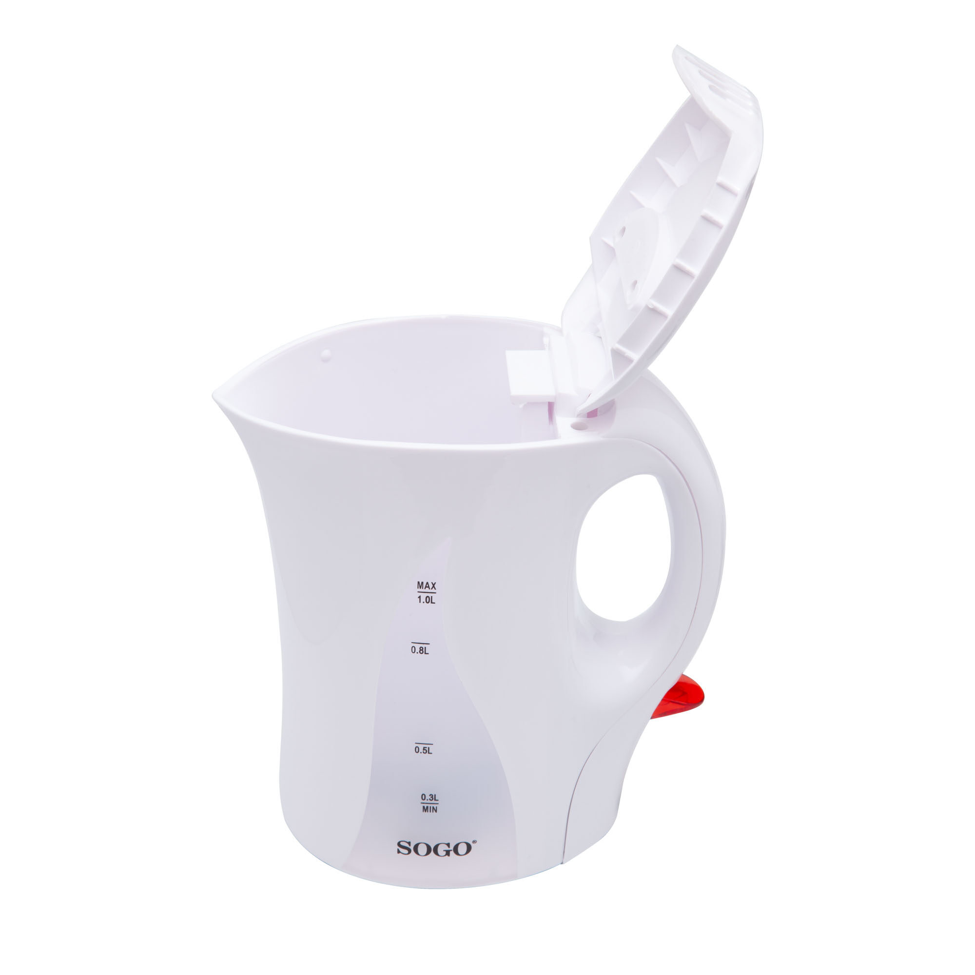 Un bollitore elettrico bianco con coperchio aperto su sfondo bianco. Il bollitore ha un pulsante rosso e testo nero.