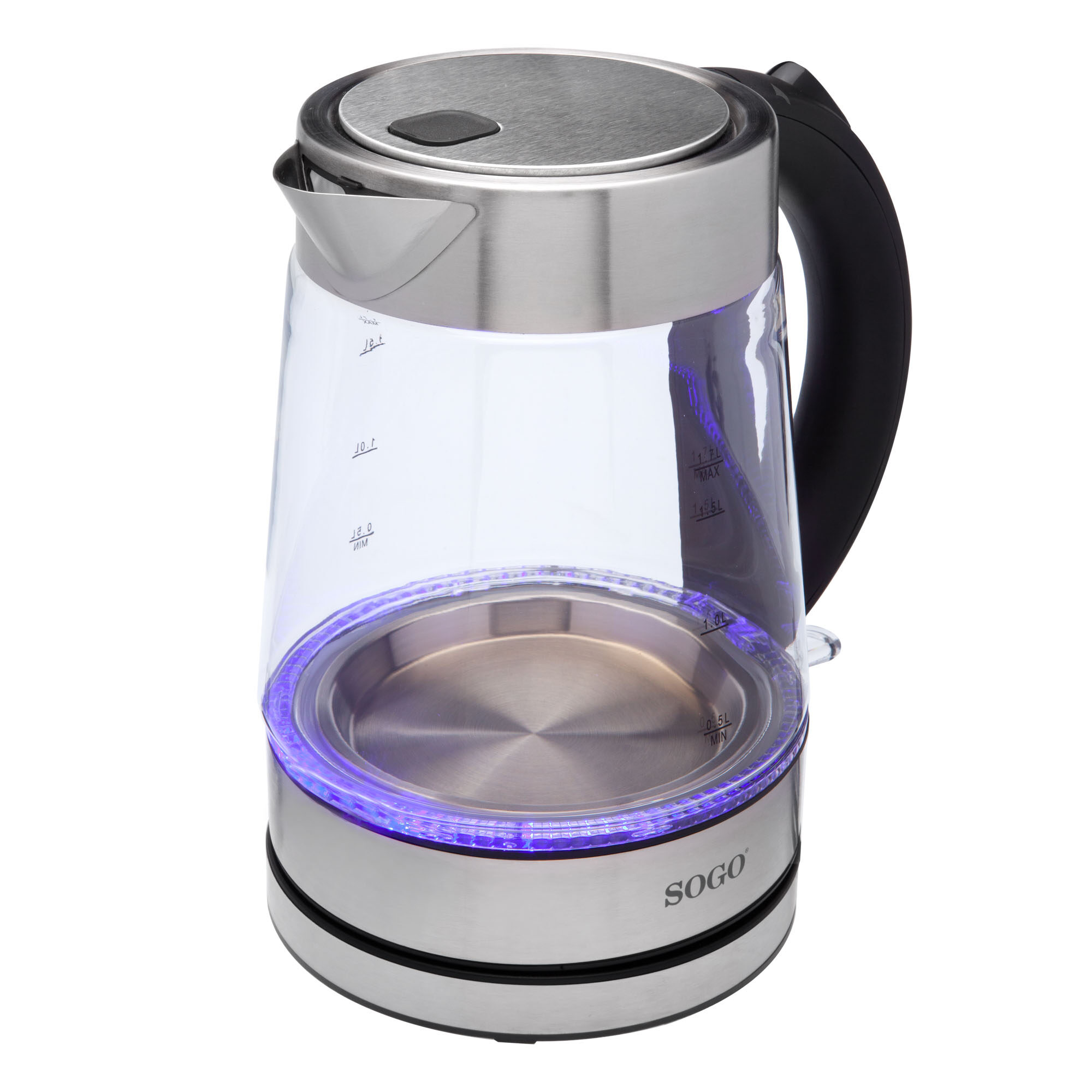 Un bollitore elettrico trasparente con base e coperchio in acciaio inox. Ha un manico nero e una luce blu all'interno.