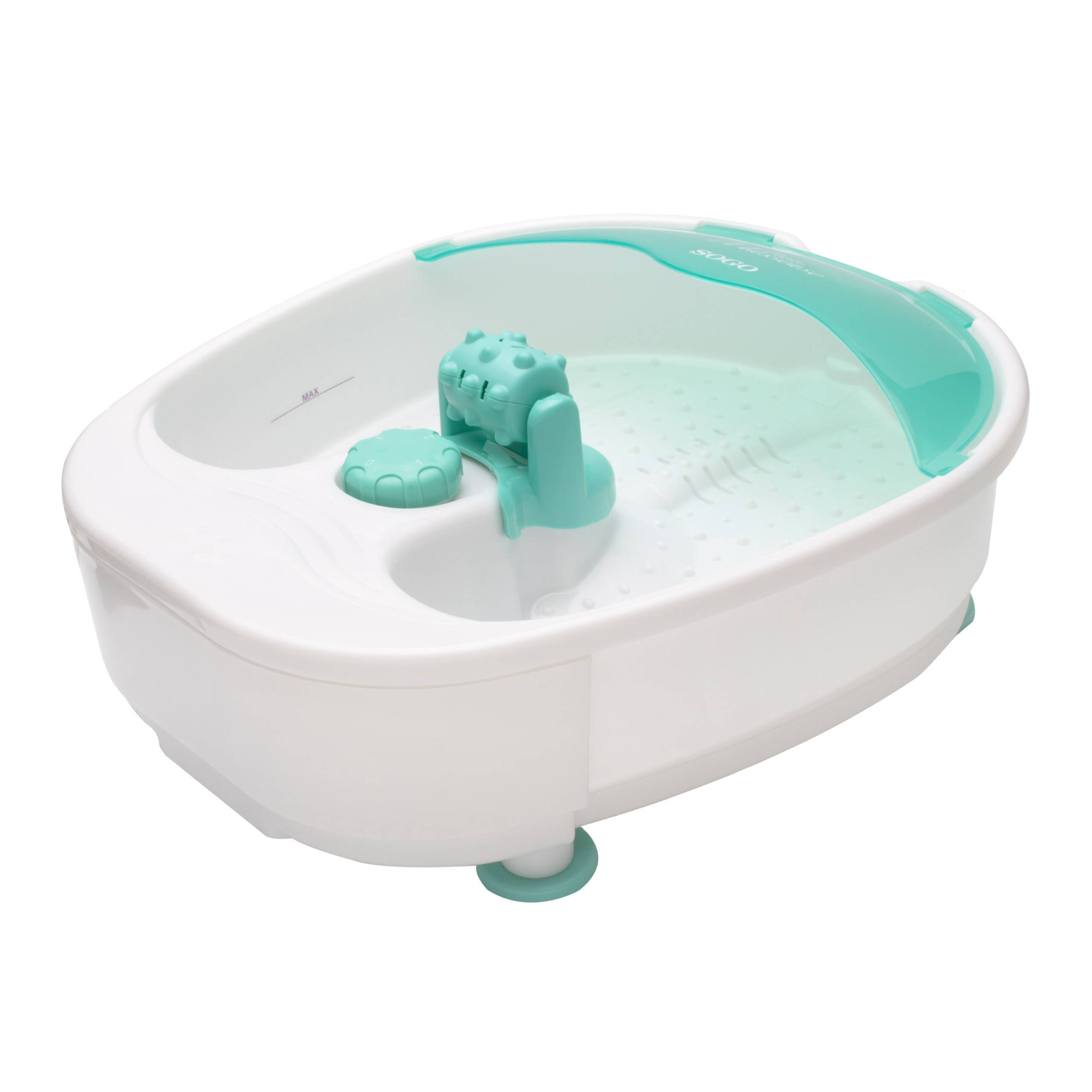 Una vasca per i piedi bianca con maniglia e componenti verde acqua. La vasca ha un interno strutturato e un indicatore del livello massimo dell'acqua.