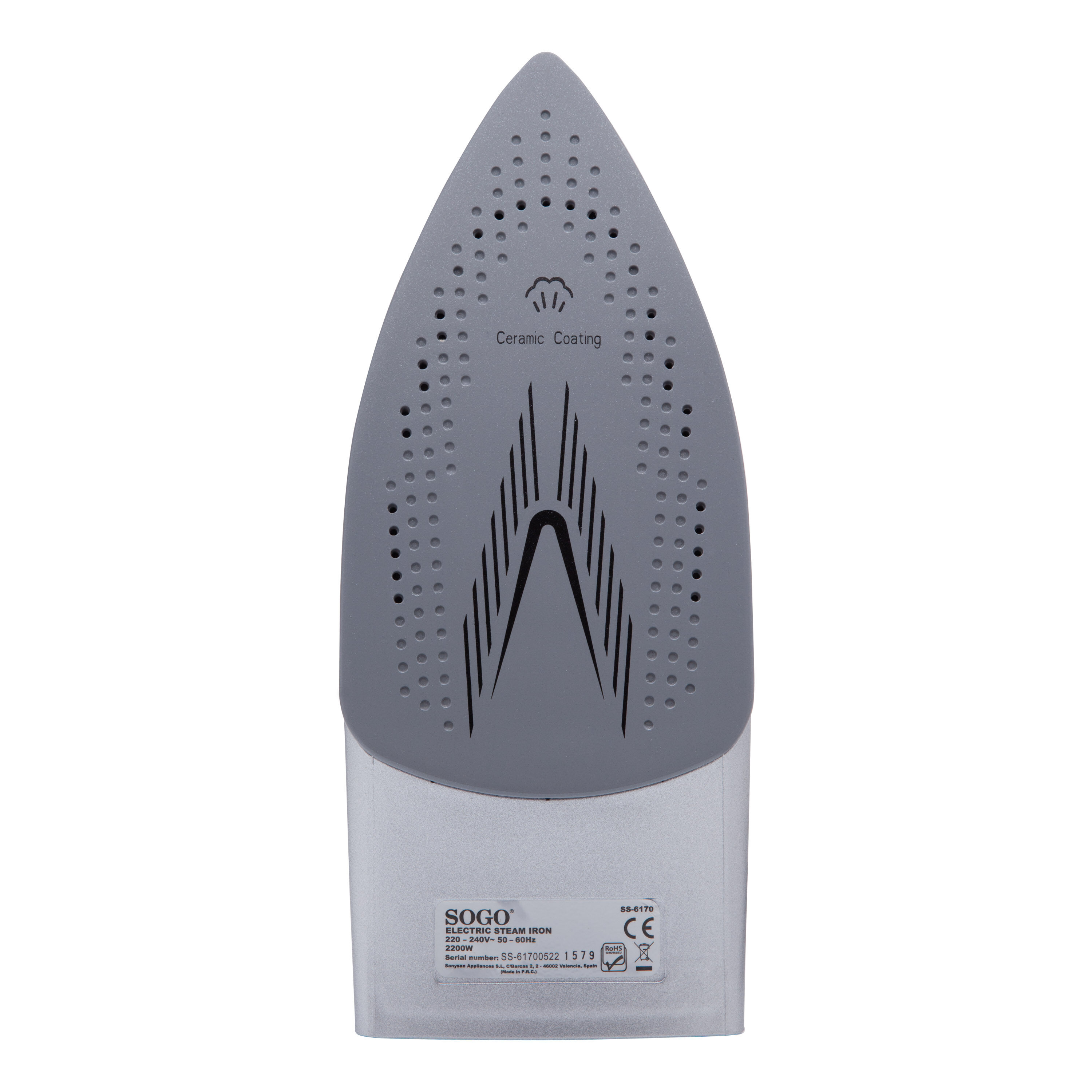 Una plancha de vapor Sogo gris. Tiene revestimiento cerámico y varios agujeros. El texto en la plancha muestra las especificaciones.