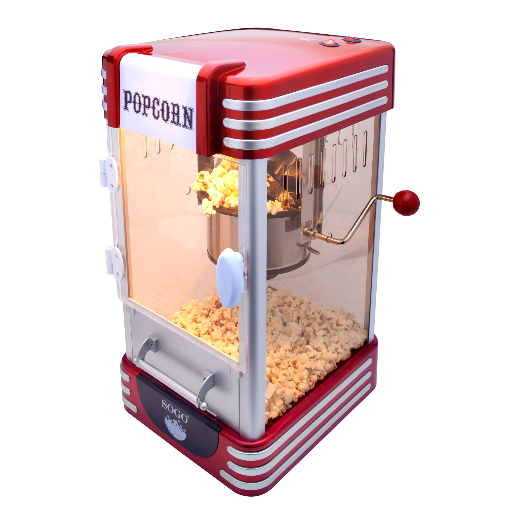 Una macchina per popcorn rossa e argento. Popcorn visibile all'interno. La parola "POPOCORN" è in alto.