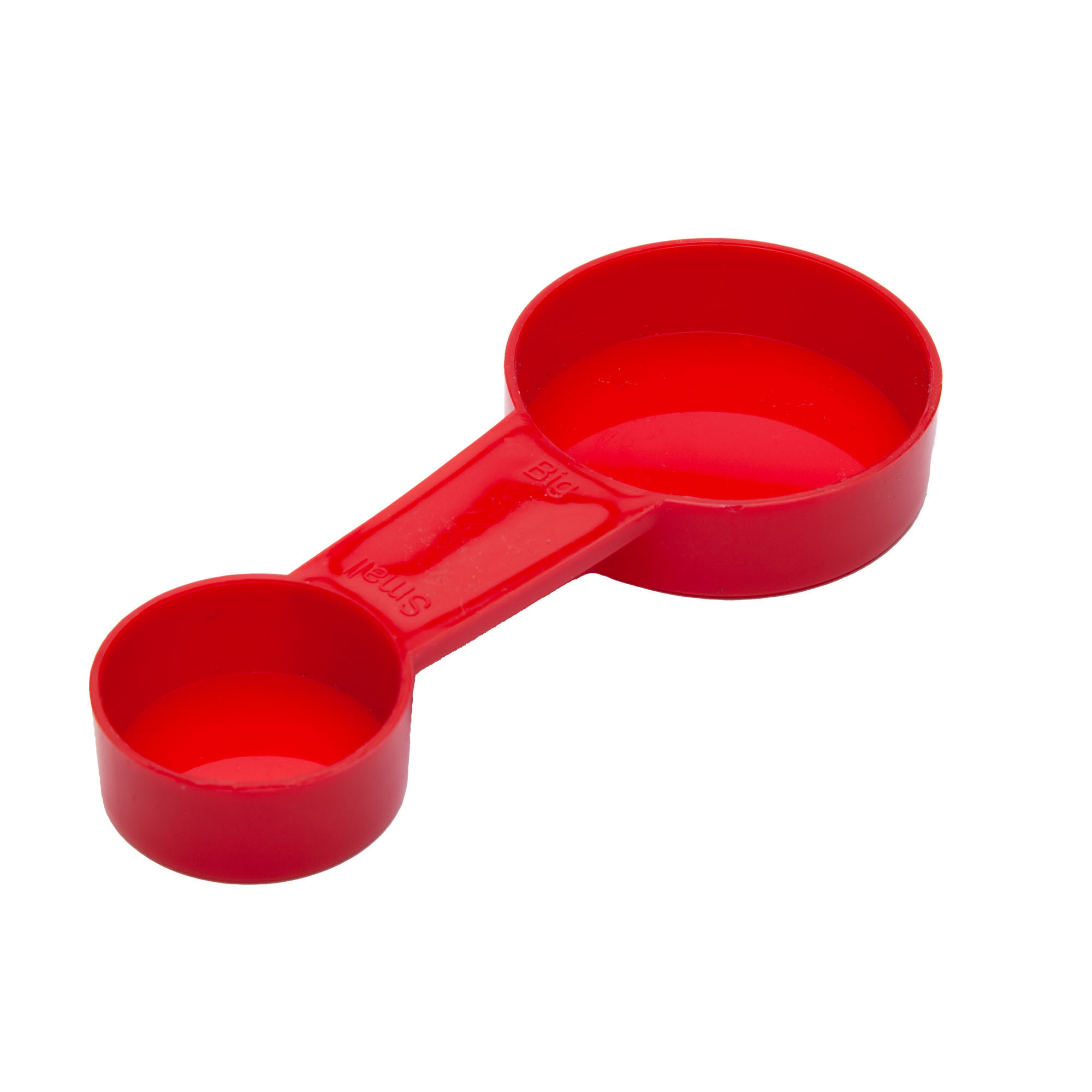 Un cucchiaio dosatore rosso, con due ciotole collegate da un manico, etichettate 'Small' e 'Big' sul manico.