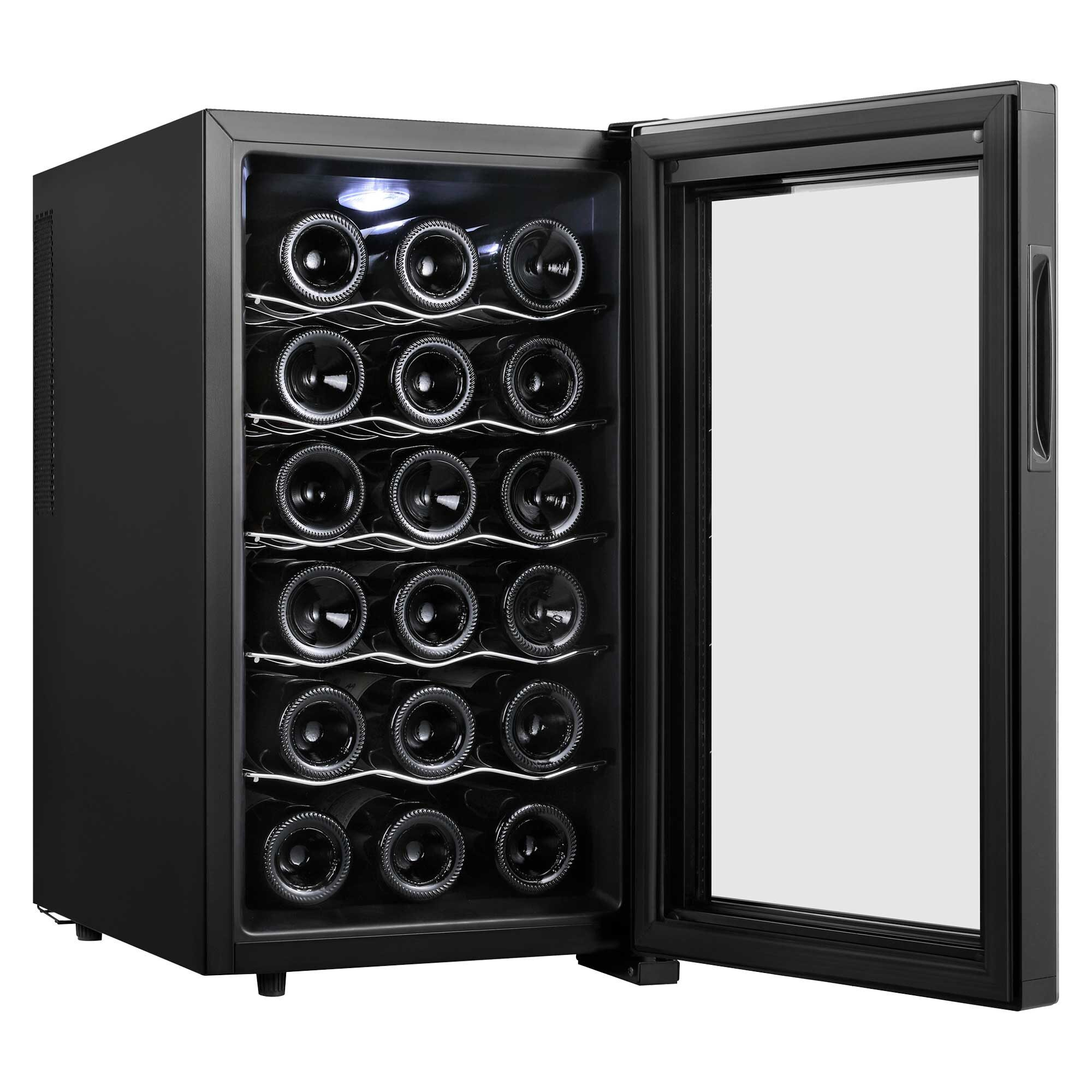 Un refrigeratore per vino nero con la porta aperta, che rivela diverse bottiglie di vino sugli scaffali.