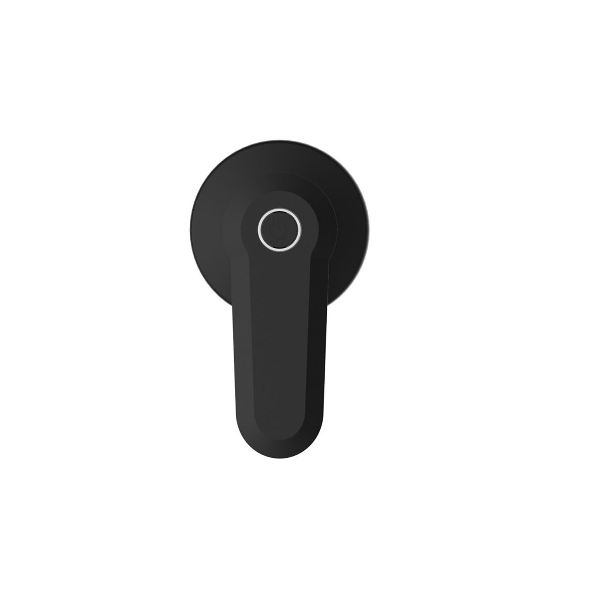 Un mango negro con una parte superior circular y una inferior rectangular, sobre fondo blanco.