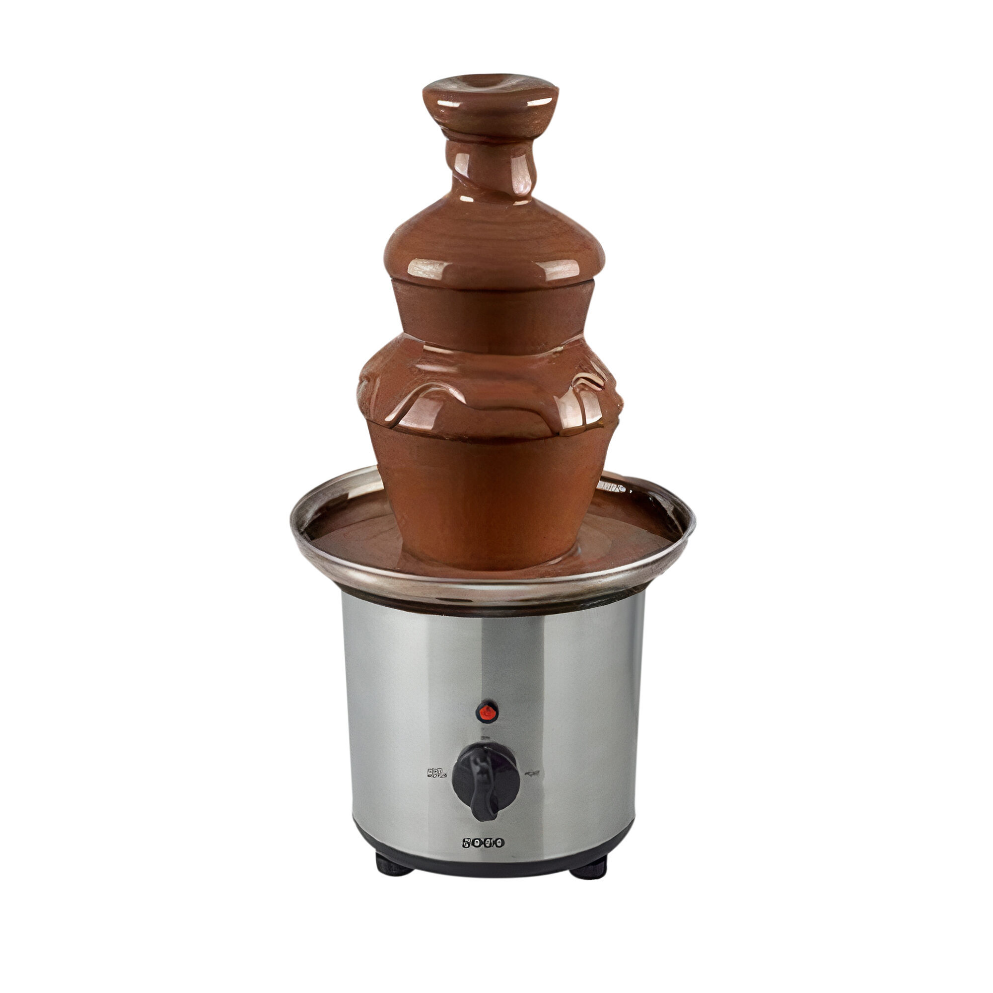 Una fontana di cioccolato con livelli marroni e base argentata. Il cioccolato scorre giù. Un pomello e una spia sono visibili.