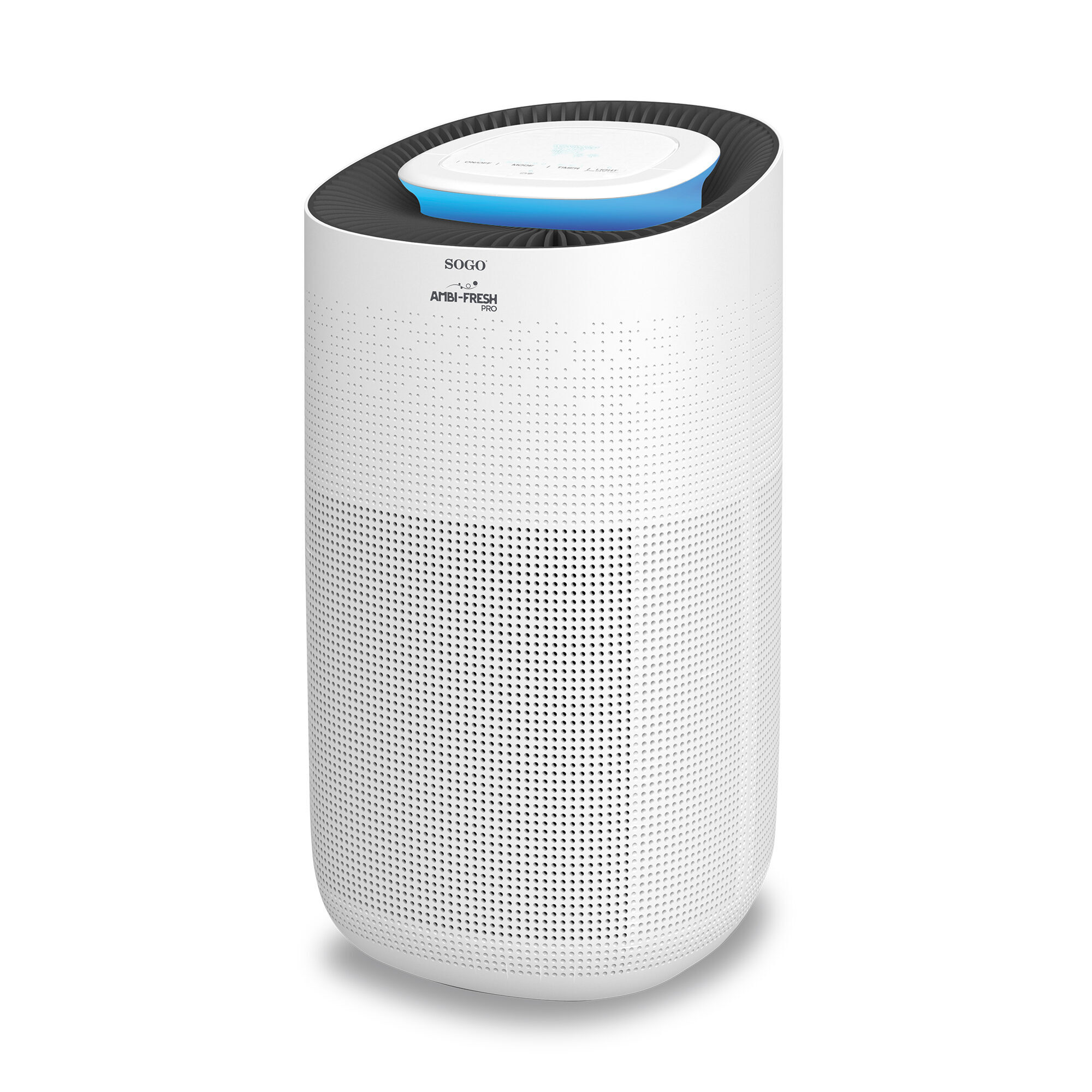 Purificador de aire blanco con cuerpo perforado, panel de control superior y anillo azul iluminado.